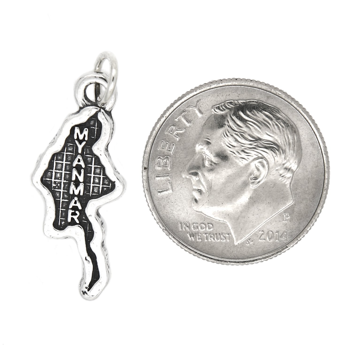 LGU Sterling Silver Oxidized Myanmar Map Travel Charm Pendant - Perfect for Travel Enthusiasts & Souvenir Collectors