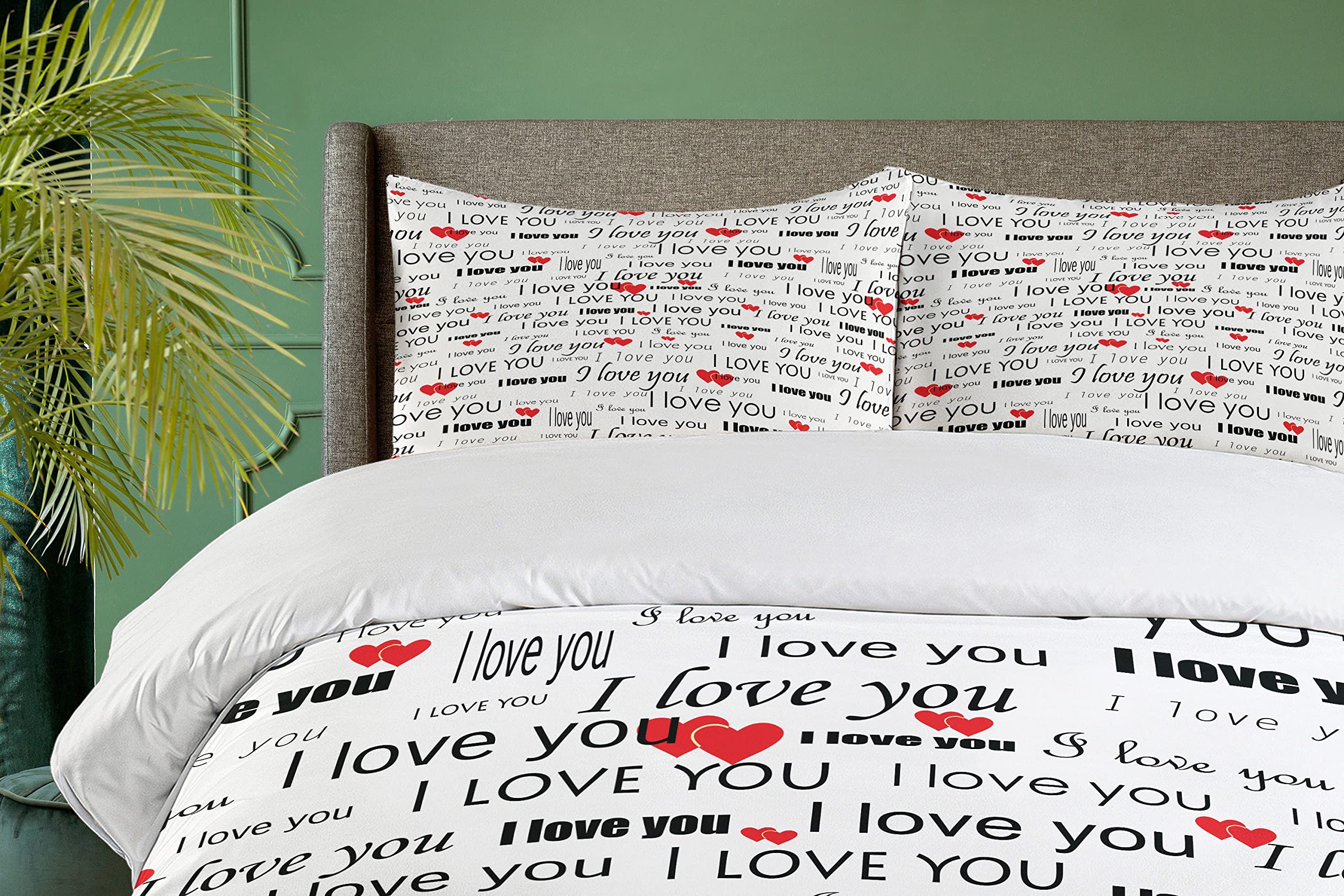 Ambesonne Romantic Duvet Cover Set - 'I Love You' Hearts Design for Couples | Valentine's Day Bedding | 3-Piece California King Set with 2 Pillow Shams in Vermilion, Black & White | Perfect for Anniversary Gifts, Wedding Decor & Cozy Bedroom Makeovers