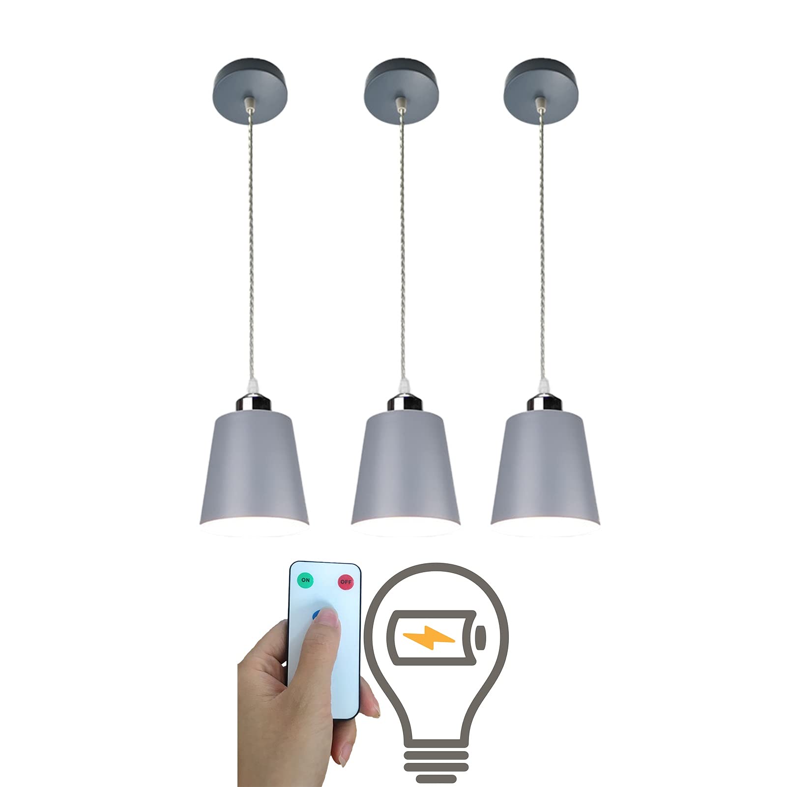 3 Pack Modern Rechargeable LED Hanging Pendant Lights with Remote Control - Wireless Battery Operated Dimmable Ceiling Light Fixture for Kitchen Island, Dining Room, Living Room & Bedroom - Perfect for Home Decor, Ambient Lighting and Indoor Spaces