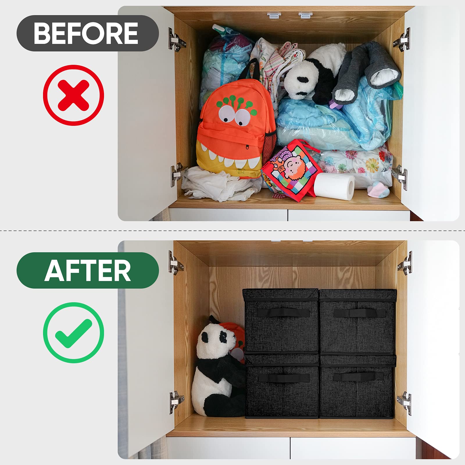 BALEINE 5-Pack Large Black Foldable Storage Bins with Lids - Collapsible Linen Fabric Closet Organizer Containers for Bedroom, Office & Home Organization | Perfect for Seasonal Clothes, Toys & Blanket Storage