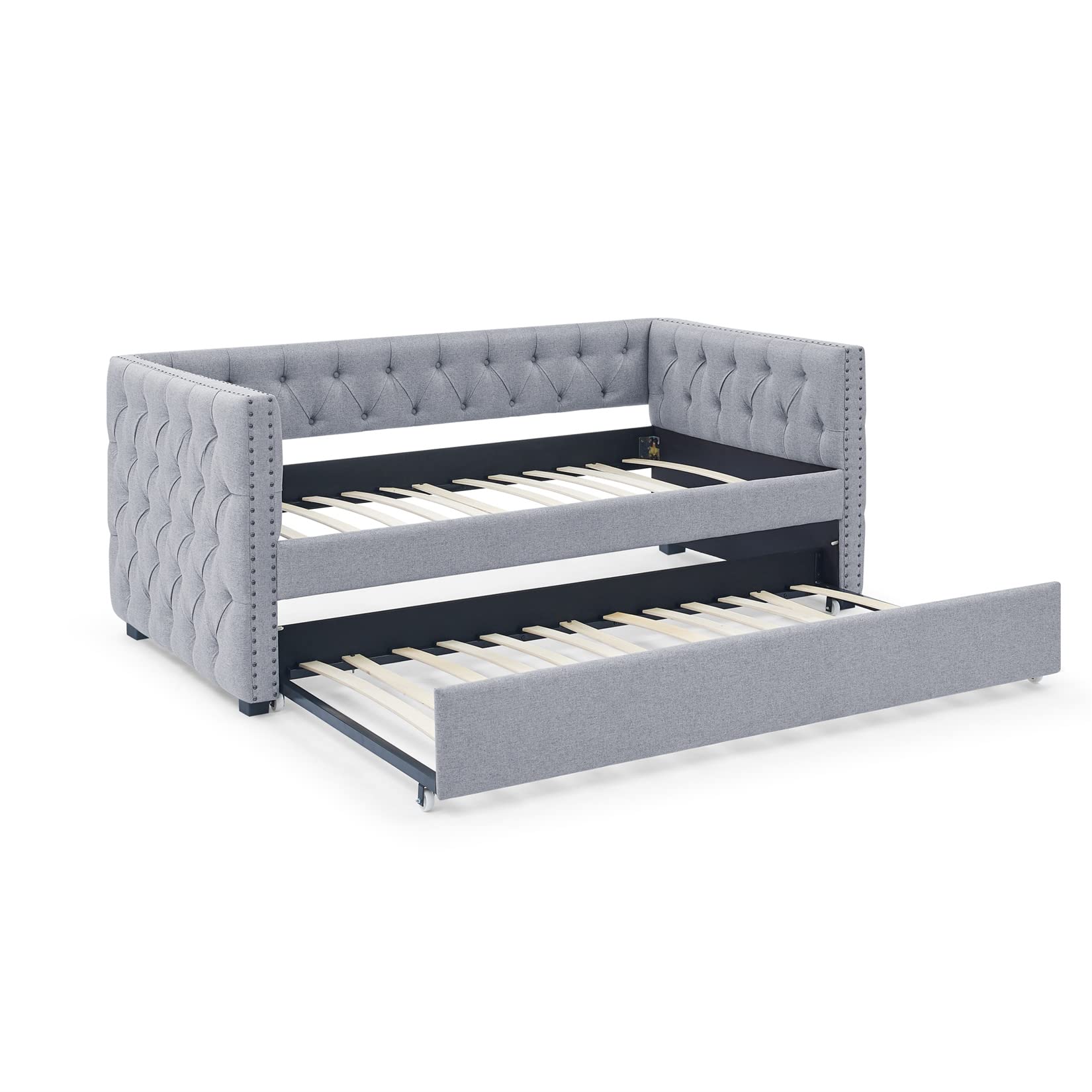 Bellemave Twin Upholstered Daybed with Trundle - Mid Century Modern Tufted Button Sofa Bed Frame with Wood Slats - Gray Twin Size Daybed for Living Room, Guest Room & Small Space