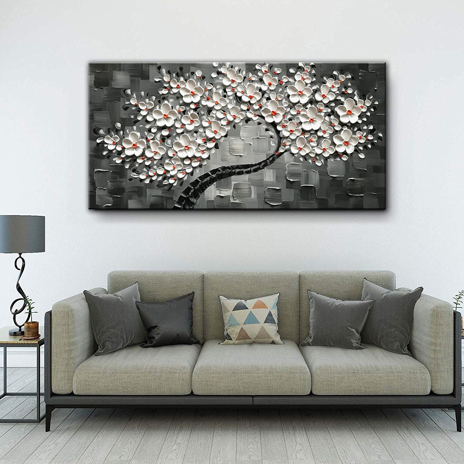 24x48 Inch Hand-Painted Contemporary Abstract Oil Painting - White Flowers Tree 3D Canvas Wall Art for Living Room, Bedroom & Office Decor | Modern Floral Home Decor