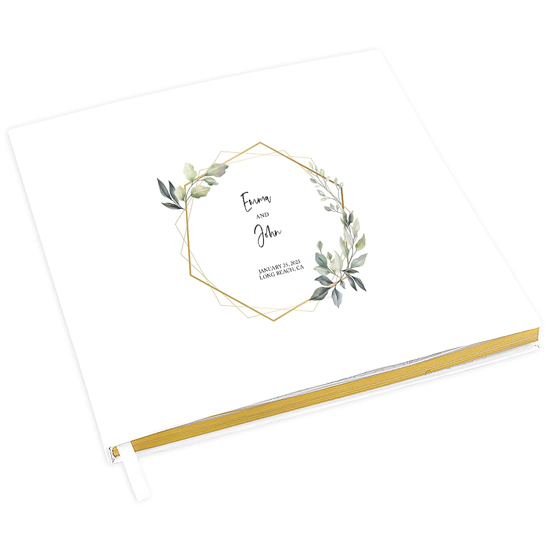 Personalized Wedding Guest Book with Gold Foil Accents - Geometric Greenery Design White Guest Sign-in Book, 120 Pages 8.5