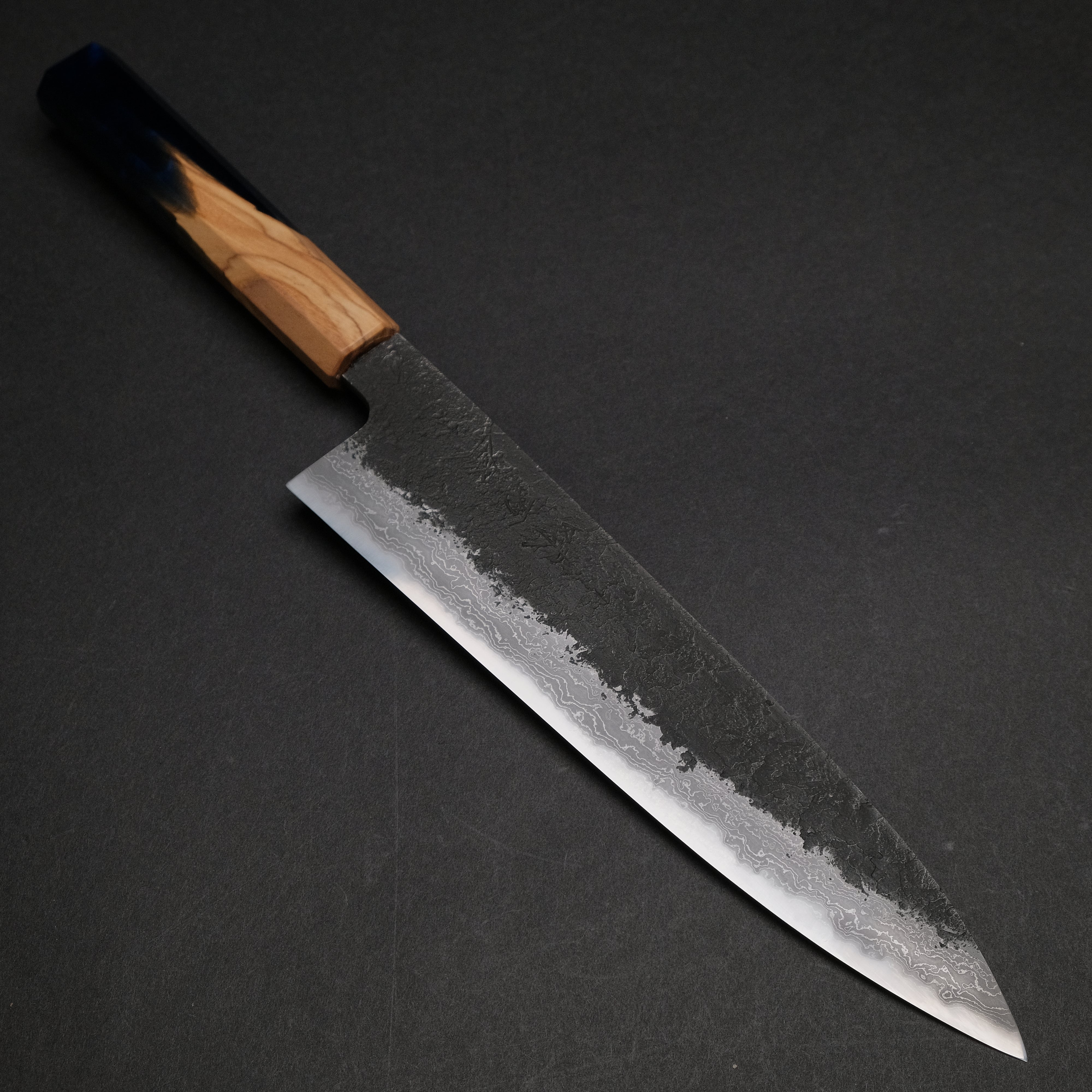 Premium Ajikataya White #2 Nashiji Damascus Gyuto 210mm Chef Knife - Olive Wood & Resin Handle (#46) - Perfect for Sushi, Meat Slicing & Professional Kitchen Use