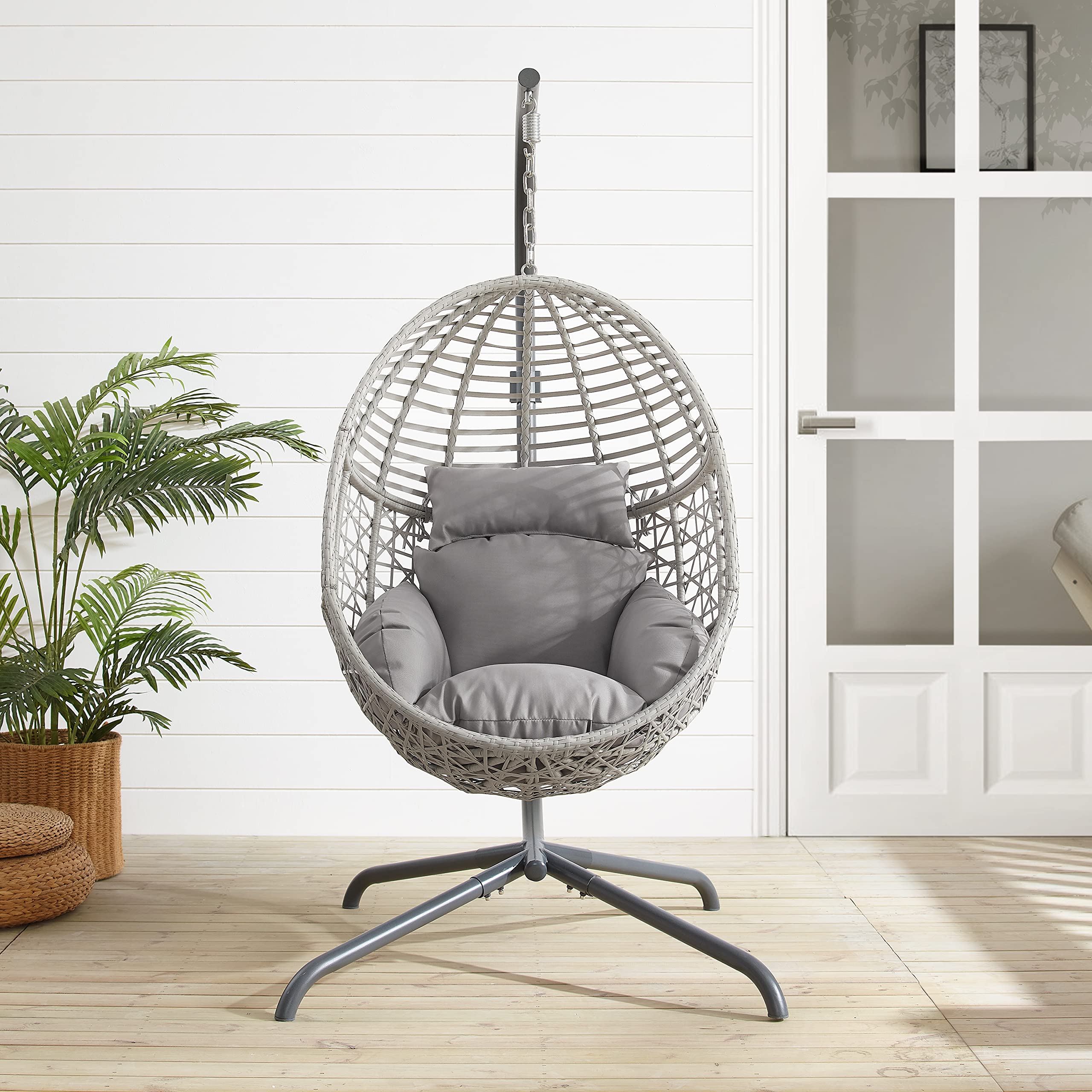 Crosley Lorelei Wicker Hanging Egg Chair with Stand - Indoor Outdoor Swing Chair for Patio, Porch, Deck, Garden - Gray Rattan Hanging Chair for Relaxing & Lounging
