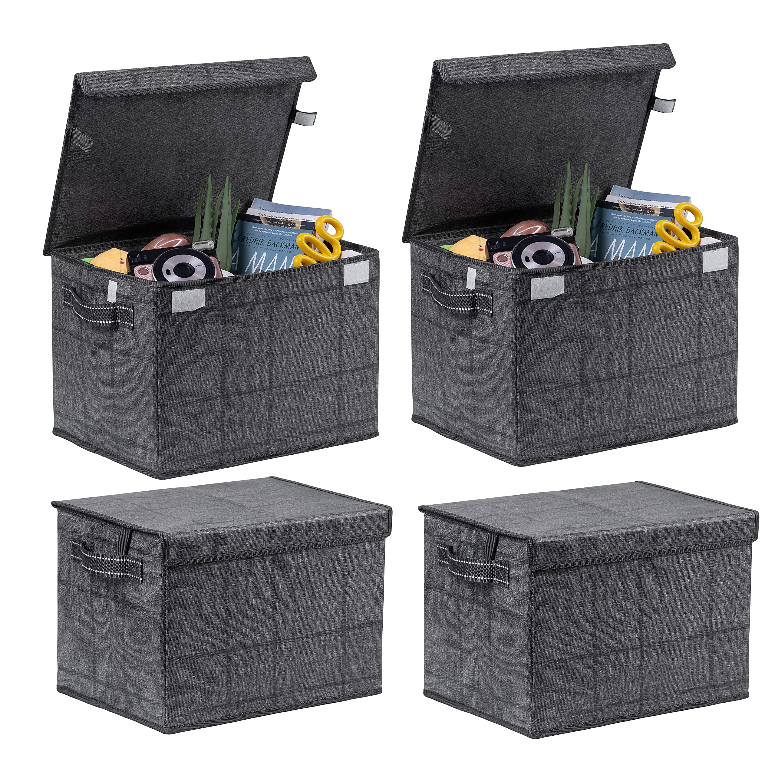 VENO 4-Pack Large Collapsible Storage Bins with Lids - Foldable Decorative Organizer Boxes for Home, Office, Closet, Toys & Clothes | Space-Saving Storage Solution | Sustainable & Reusable (Black/White, Set of 4) - Perfect for Bedroom Organization, Kids Toy Storage & Closet Shelving