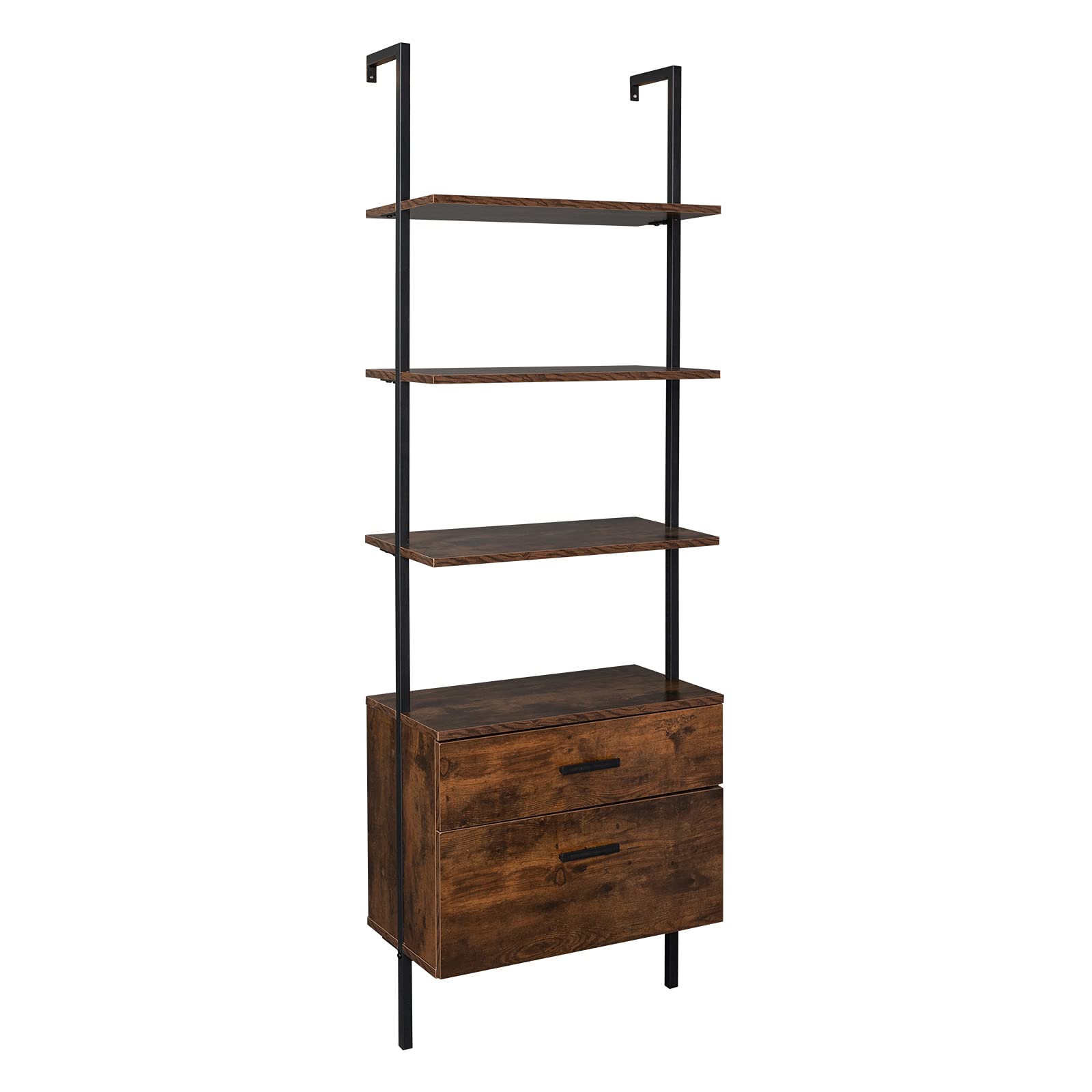 Industrial 3-Shelf Wall Mount Bookshelf with Wood Drawers & Matte Steel Frame - White/Black (Black) - Perfect for Home Office, Living Room & Garage Storage