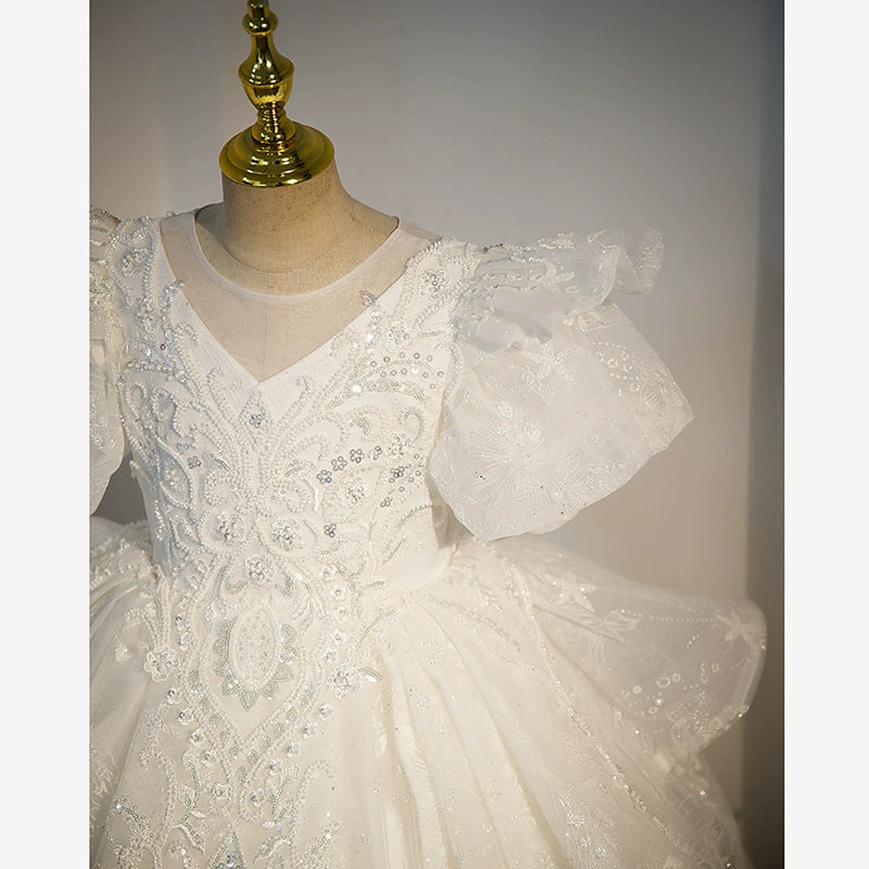 White Princess Round Floor Length Organza Flower Girl Dress for Weddings, Baptisms & Special Occasions