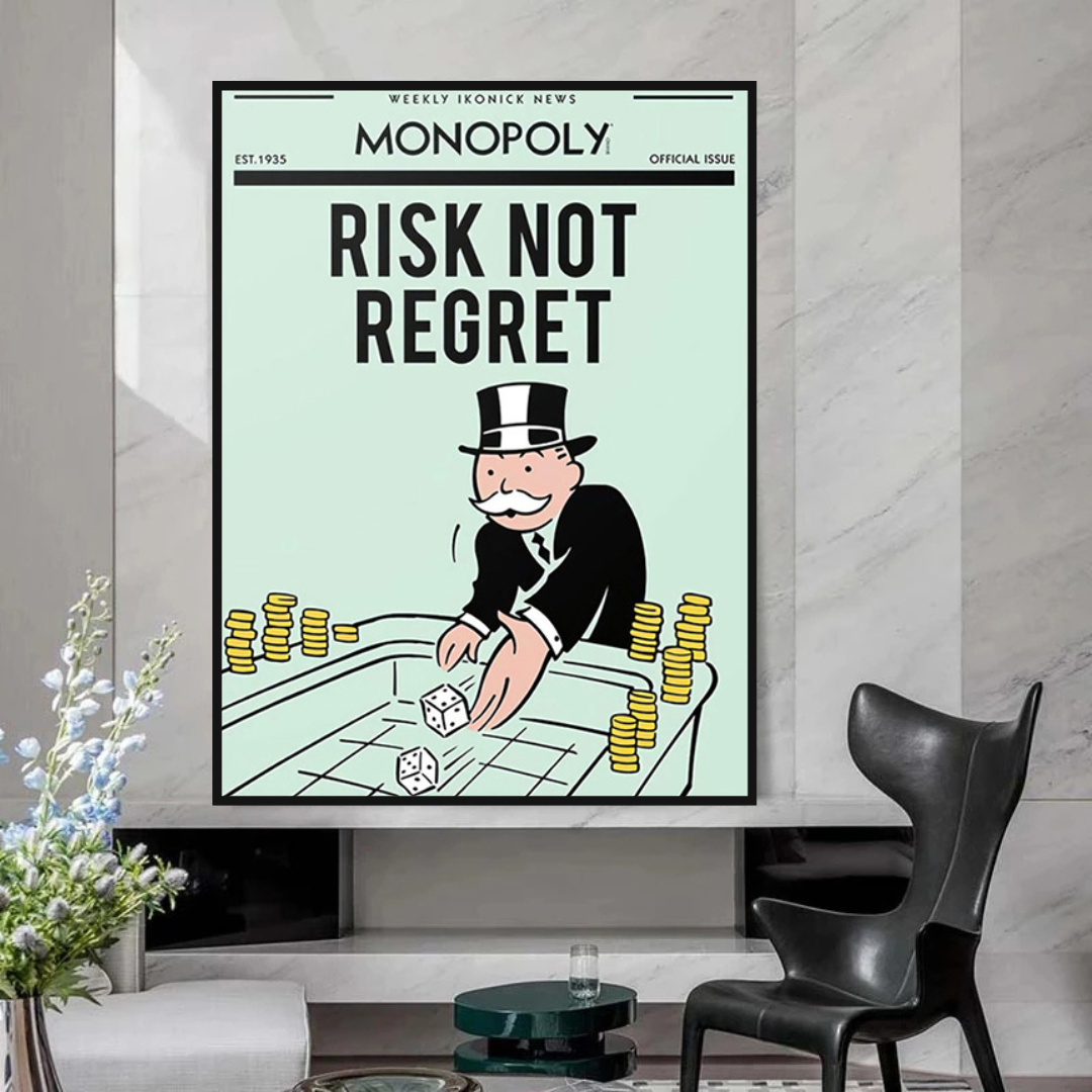 Alec Monopoly Risk Not Regret Playing Cards Canvas Wall Art - Pop Culture Home Decor for Living Room, Game Room & Office