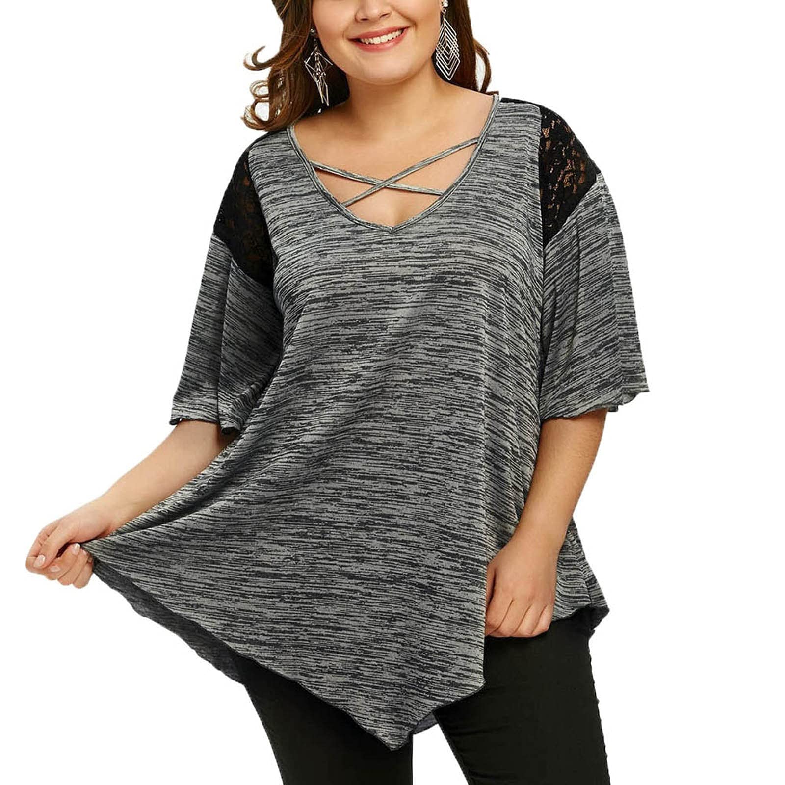 Plus Size Women's Tank Tops - 3/4 Sleeve Lace Tunic for Summer Casual Wear