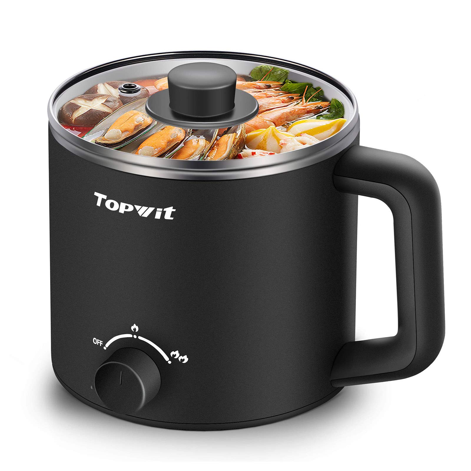 Topwit 1.6L Electric Hot Pot - Multi-Function Cooker for Ramen, Pasta, Shabu-Shabu, Soup & Eggs | Portable Mini Cooking Pot for Dorm, Office & Camping | Black