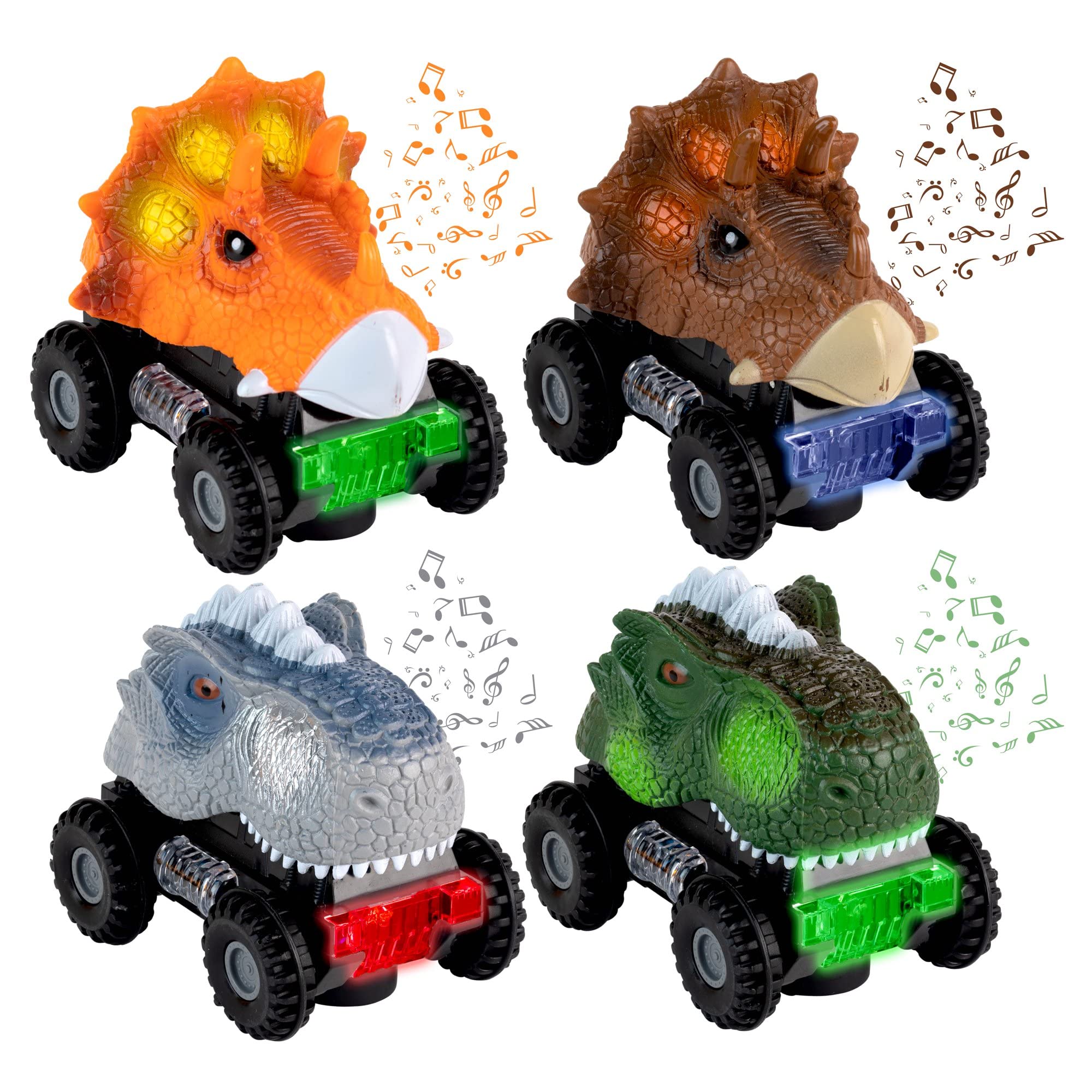 ToyVelt 2021 Edition Pull Back Dinosaur Cars - 4 Pack Light Up & Sound Toys for Kids Ages 3-10 | Fun Birthday & Christmas Gift for Boys & Girls | Perfect for Pretend Play, Party Favors & Dinosaur Themed Activities