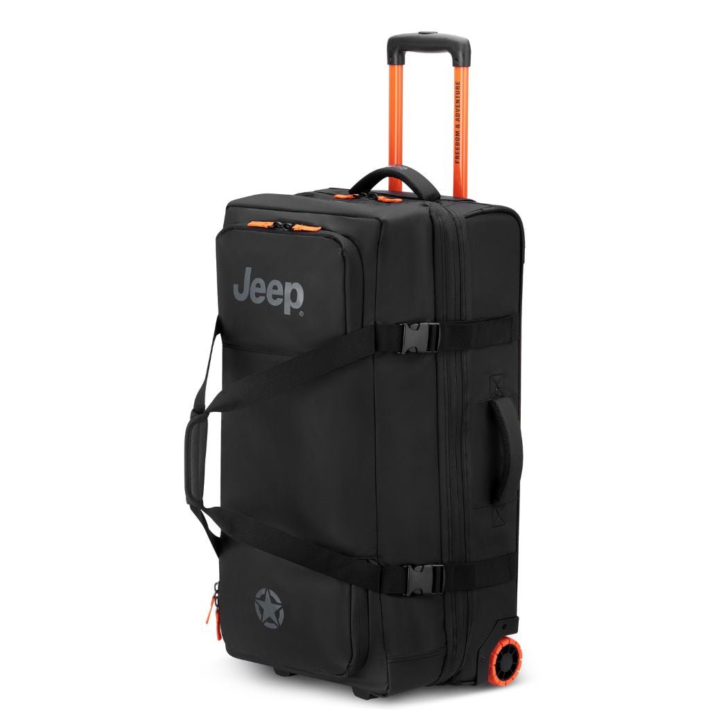 Jeep 73cm 2-Wheel All-Terrain Rolling Duffle Bag - Black | Heavy-Duty Travel Luggage for Camping, Hiking & Outdoor Adventures