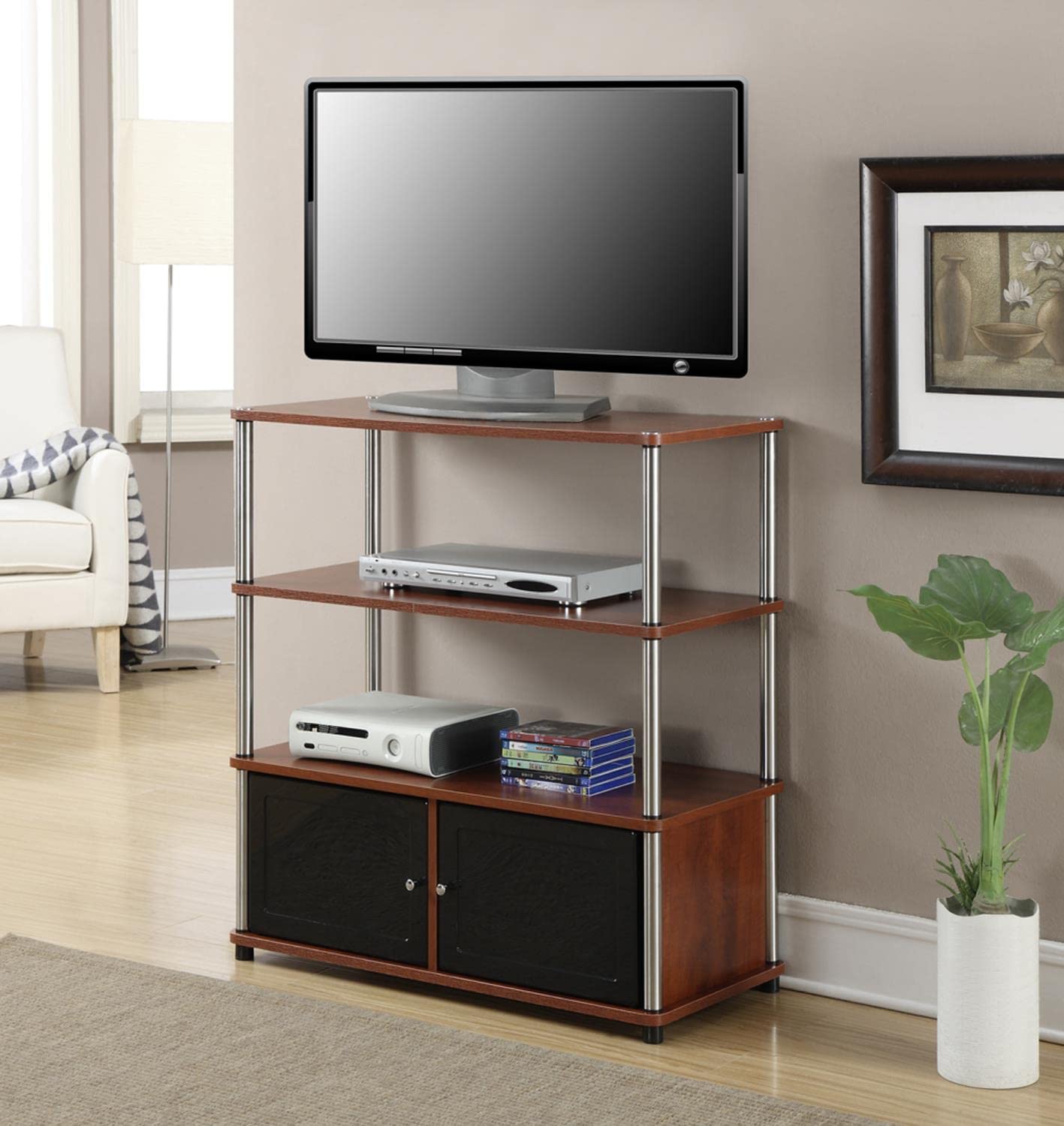Convenience Concepts Designs2Go Highboy TV Stand with Storage Cabinets & Shelves for 40-Inch TVs - Cherry Finish | Perfect for Living Room, Bedroom & Home Theater Setup