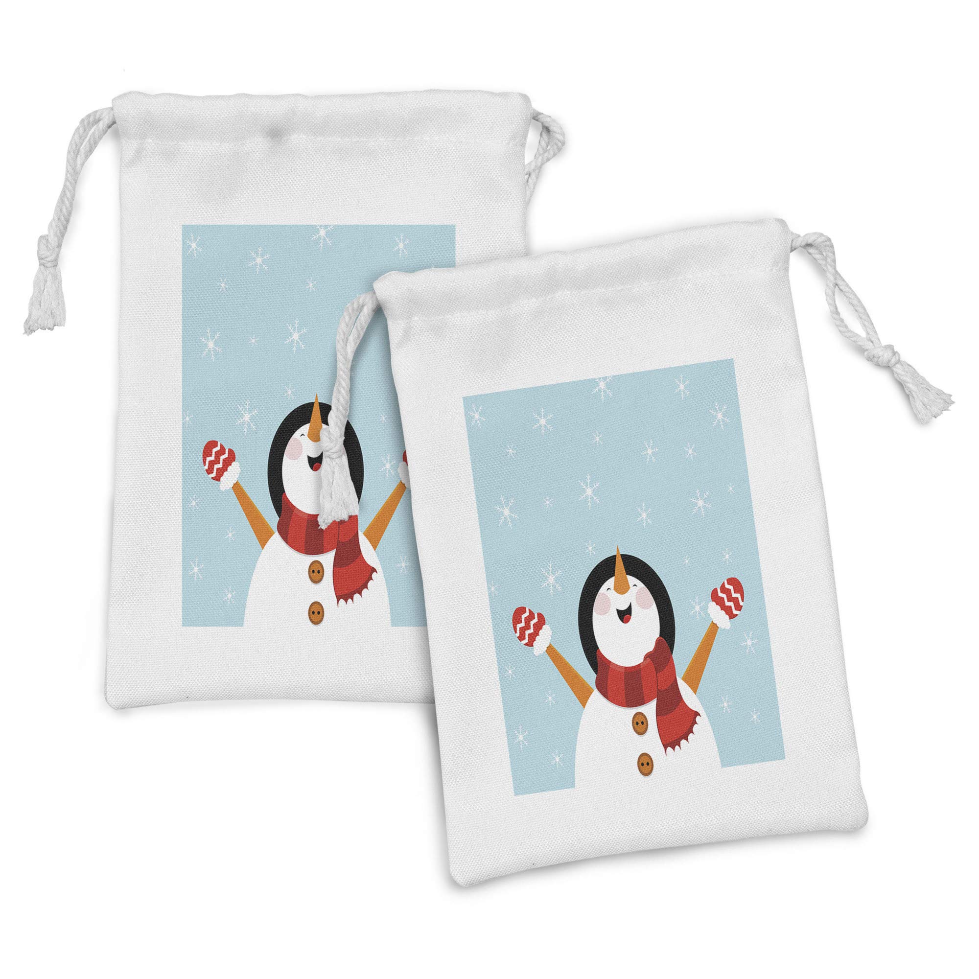 Ambesonne Christmas Fabric Pouch Set of 2 - Happy Smiling Snowman with Ornate Snowflakes Design - Small Drawstring Bag for Toiletries, Masks, Gifts & Party Favors (9