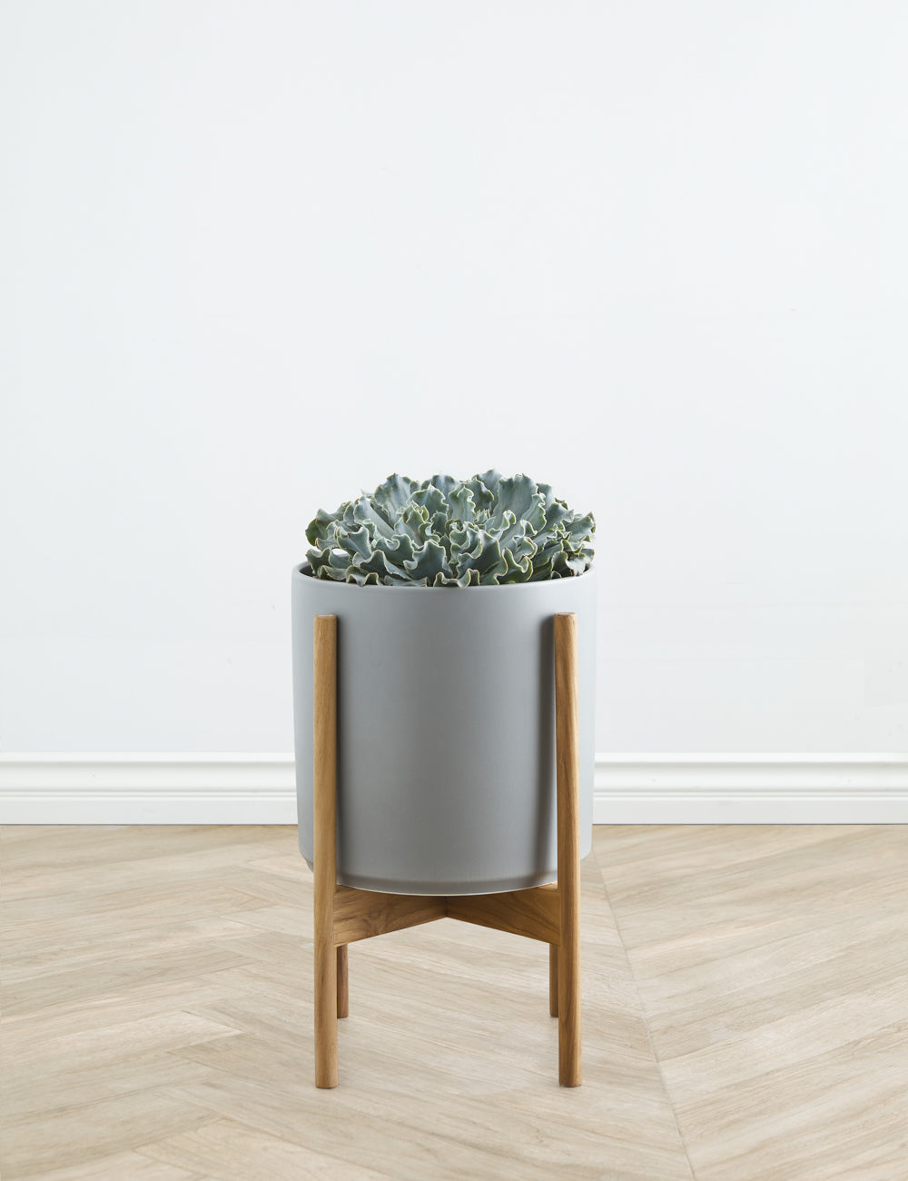 LBE Design Ceramic Planter Pot with Teak Wood Stand - Modern Indoor Outdoor Flower Pot for Home Garden, Patio, and Office Decor