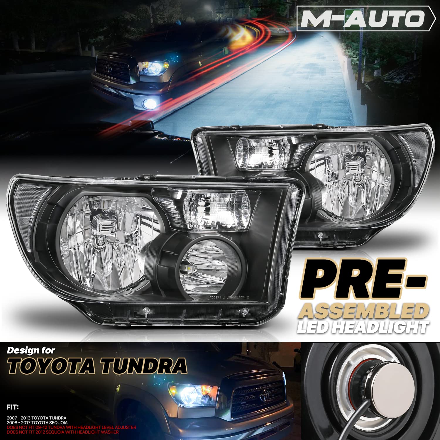 M-AUTO Black LED Headlights for 07-13 Tundra, 08-17 Sequoia - Upgrade Your Night Driving