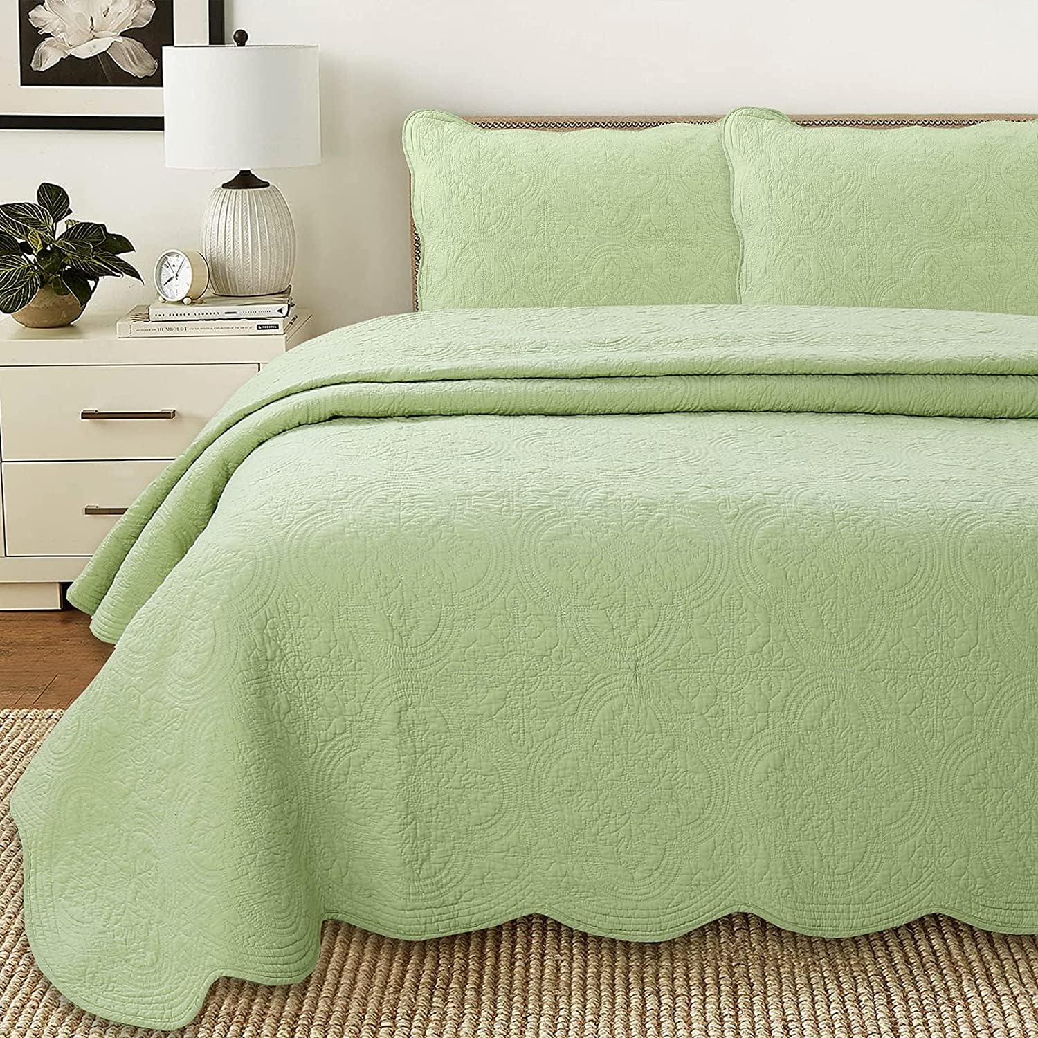 100% Hypoallergenic Cotton 3-Piece Quilt Set - Full/Queen Size Green Bedding for Bedroom | Soft & Breathable Comforter Cover with Pillow Shams | Ideal for Allergy Sufferers & Cozy Home Decor