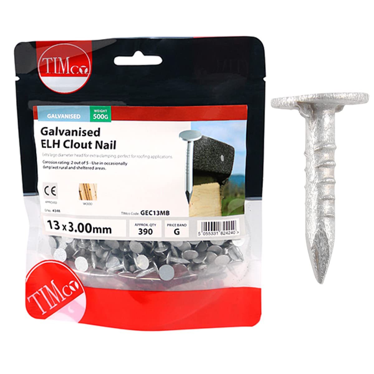 TIMco GEC13MB Galvanized ELH Clout Nails 13 x 3.00mm (0.5kg Bag) - Heavy Duty Roofing & Fencing Nails for Construction, Woodworking, and DIY Projects
