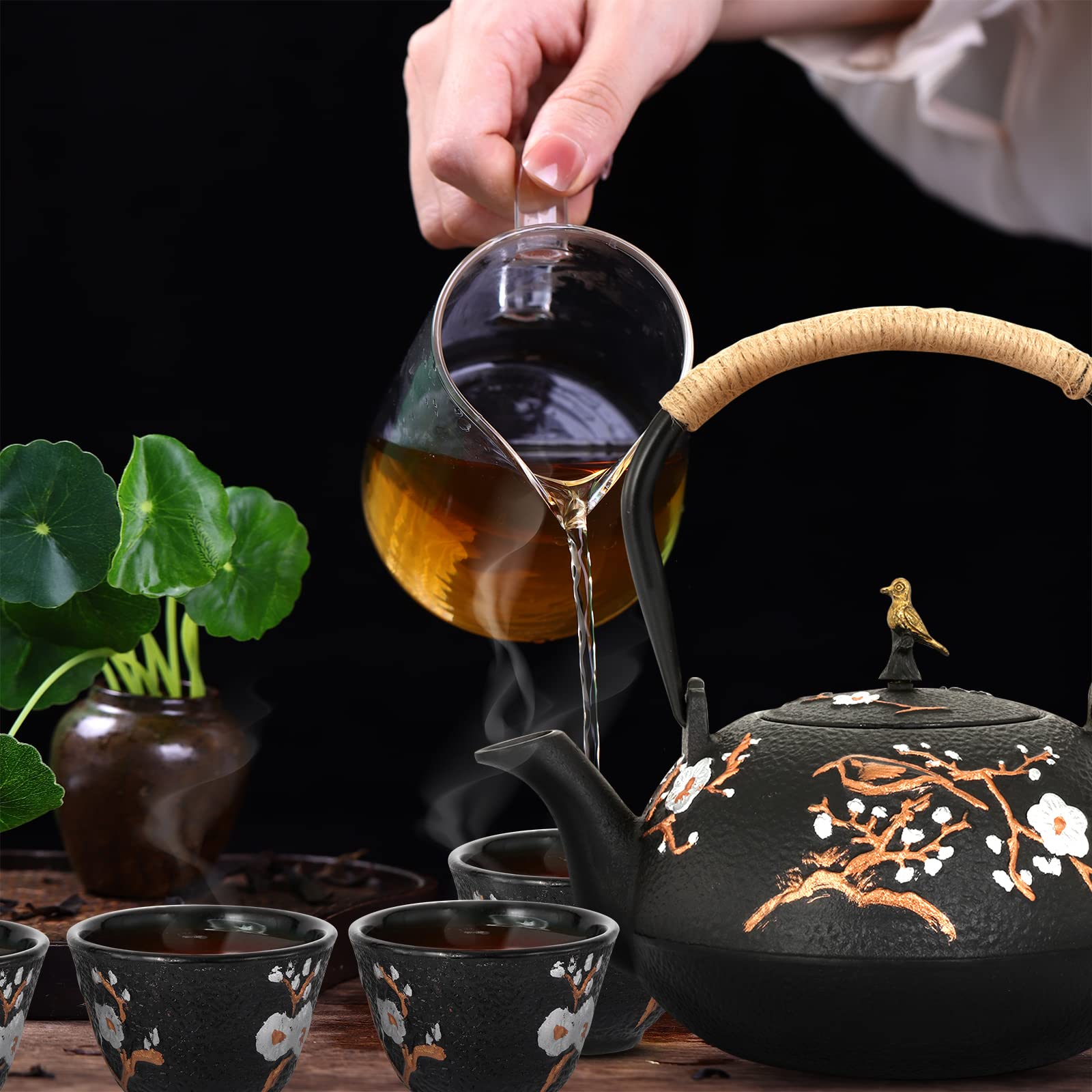 Premium Japanese Cast Iron Teapot Set with Infuser - 1200ml/40.6oz Traditional Tetsubin Tea Kettle & 4 Matching Cups - Authentic Japanese Style for Green Tea, Herbal Tea & Matcha - Perfect for Home, Office & Tea Ceremonies