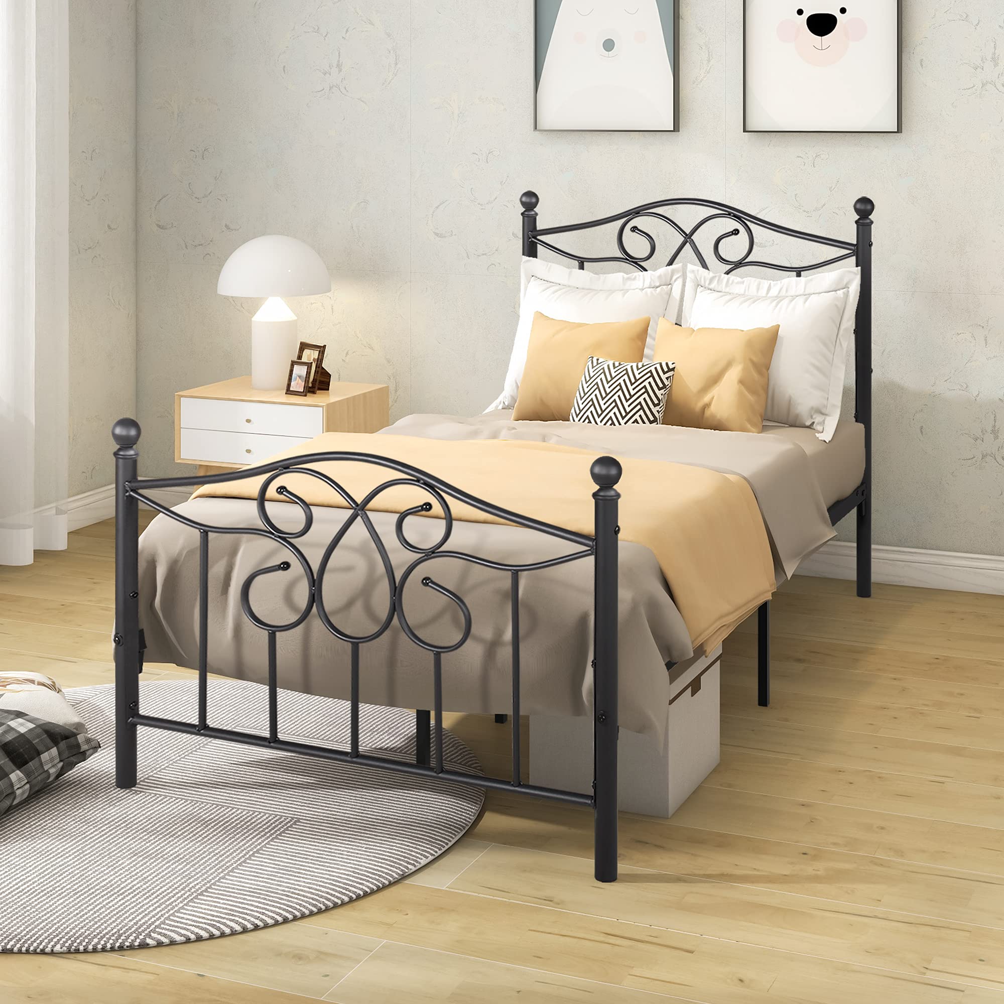 Full Size Metal Platform Bed Frame with Headboard & Footboard - Modern Mattress Foundation with Floral Design, No Box Spring Needed, Quiet & Sturdy, Easy Assembly - Perfect for Master Bedroom, Guest Room or Dorm (Black)