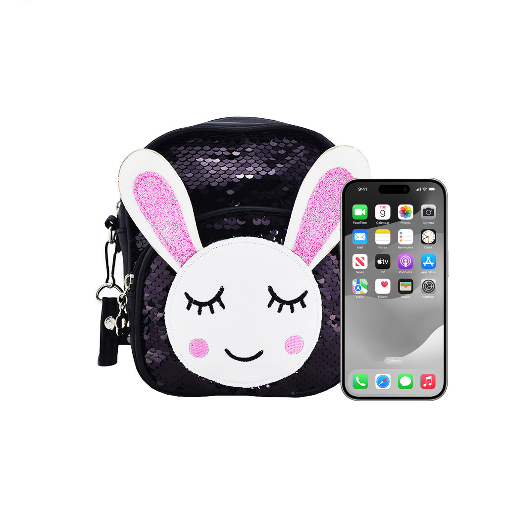 Glitter Bunny Backpack for Women & Girls - Cute Black Sparkly School Bag, Travel Daypack for College, Work, Gym & Everyday Use