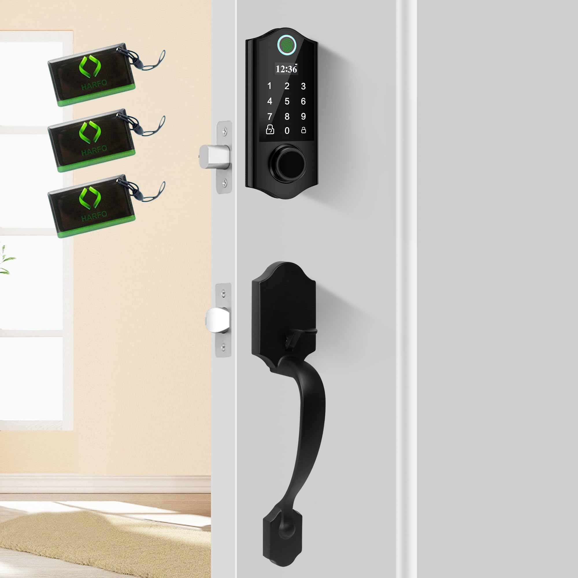 HARFO Smart Keyless Entry Fingerprint Door Lock with Keypad & Handle - Electronic Deadbolt for Front Door Security - Perfect for Homes, Apartments & Offices (Black)
