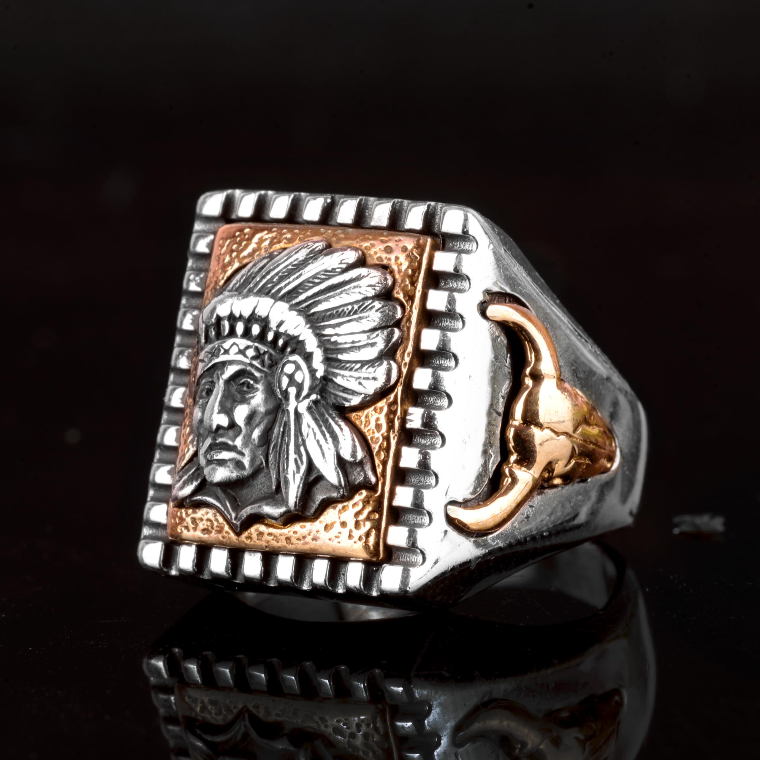 Authentic Sterling Silver Native American Indian Chief Head Ring with Abalone Inlay | Handcrafted Men's Jewelry | Perfect for Gifts, Weddings & Cultural Events