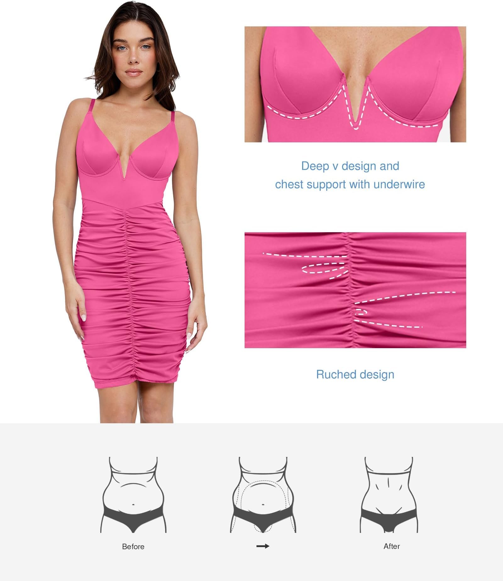 Popilush Corset Midi Dress for Women - Deep V-Neck Adjustable Strap Ruched Bodycon Dress with Tummy Control Built-in Shapewear | Perfect for Summer Parties, Date Nights & Formal Occasions