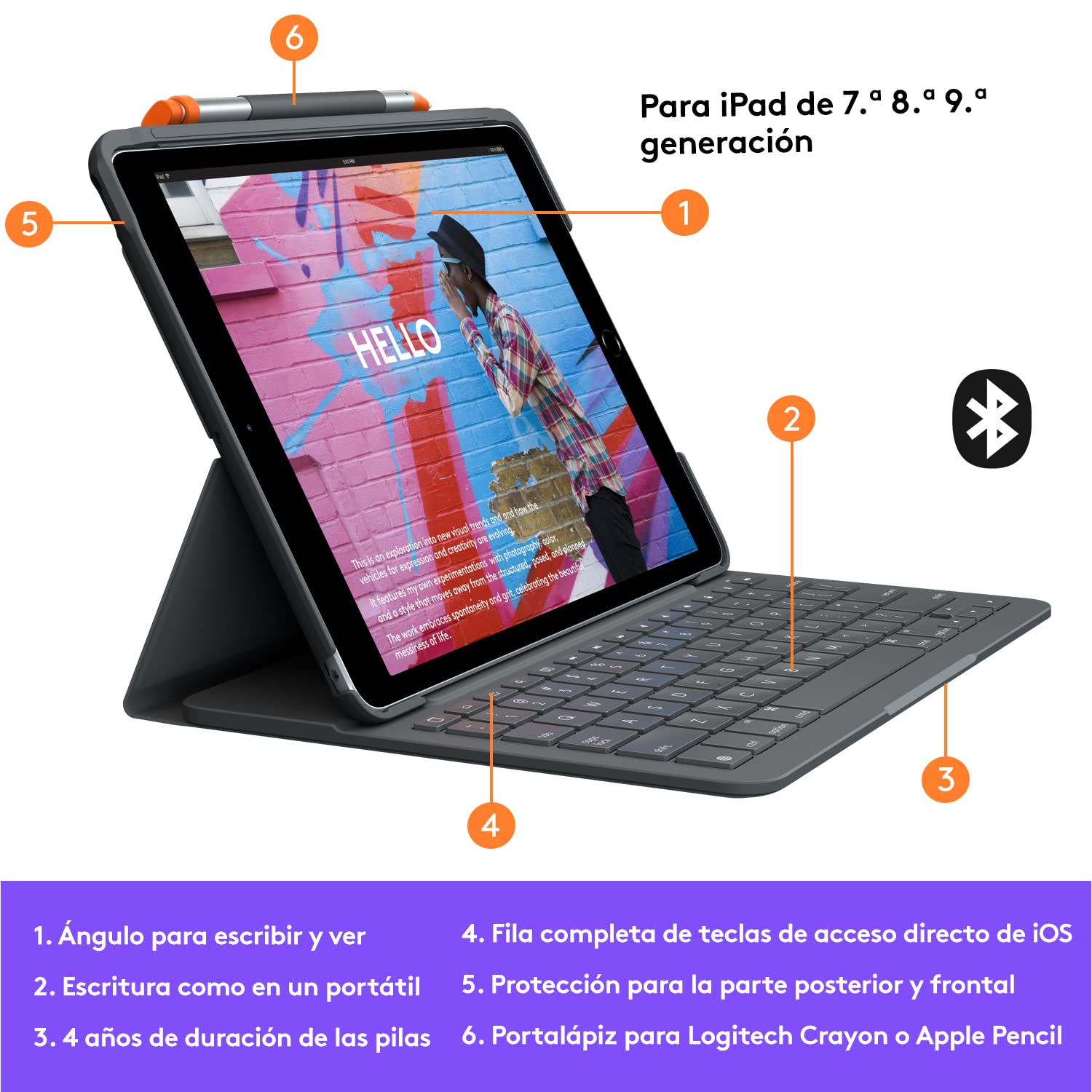 Logitech Slim Folio Keyboard Case for iPad (7th, 8th & 9th Gen) - Wireless Keyboard with Spanish QWERTY Layout in Graphite | Perfect for Work, Study & Travel
