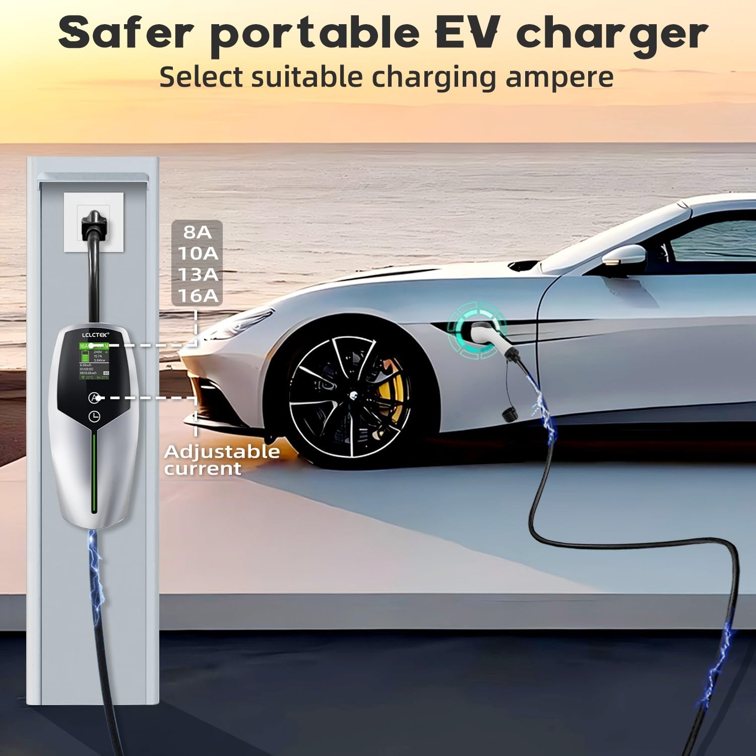 Level 1+2 EV Charger 16Amp 110-240V Portable Car Charger - NEMA 6-20P & 5-15P Plug - 26Ft J1772 Charging Cable for Electric Vehicles (Silver) - Perfect for Home, Office & Road Trip Charging