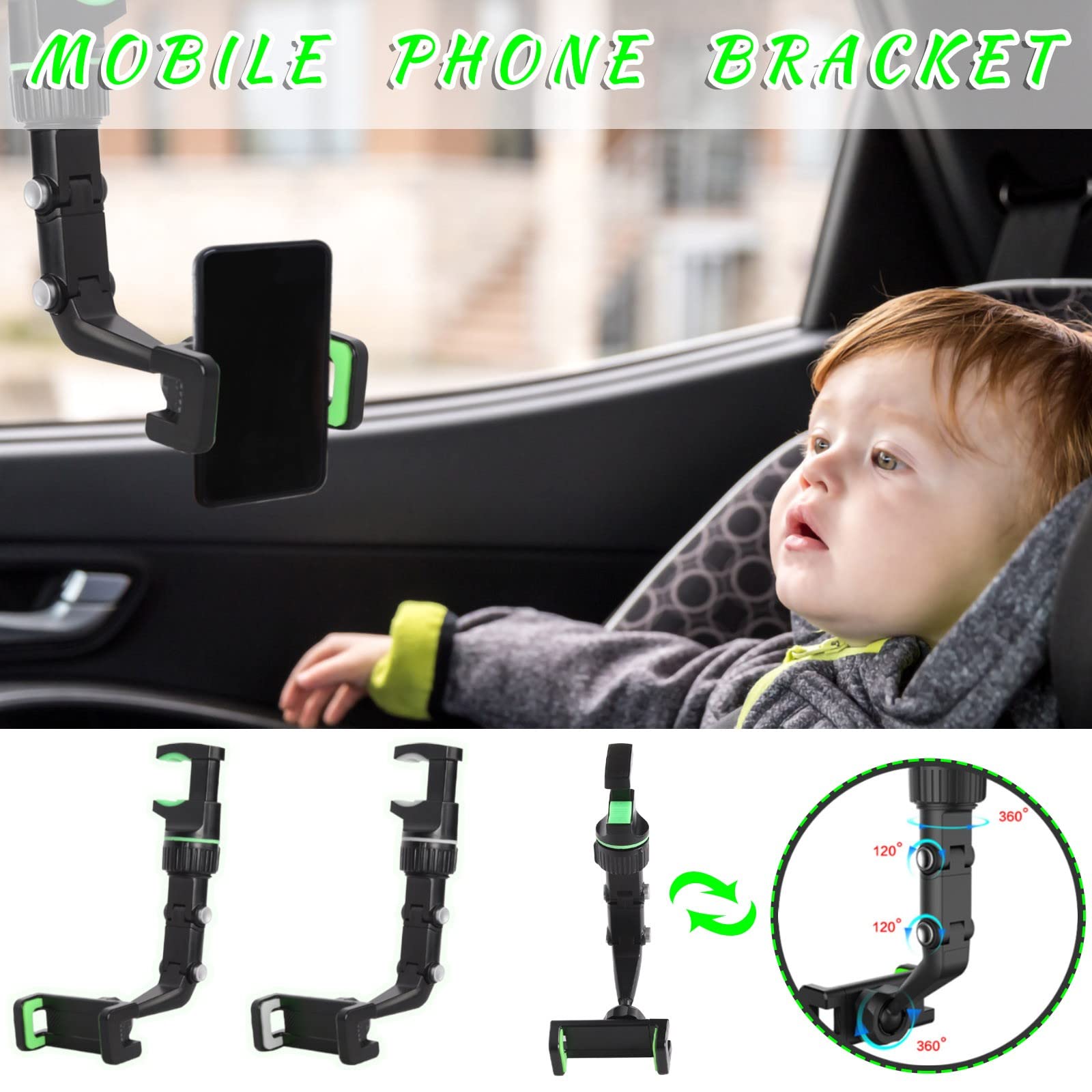 360° Rotating Universal Car Phone Mount - Multifunctional Rearview Mirror Clip Holder for GPS & Smartphones, Green - Perfect for Hands-Free Navigation & Safe Driving