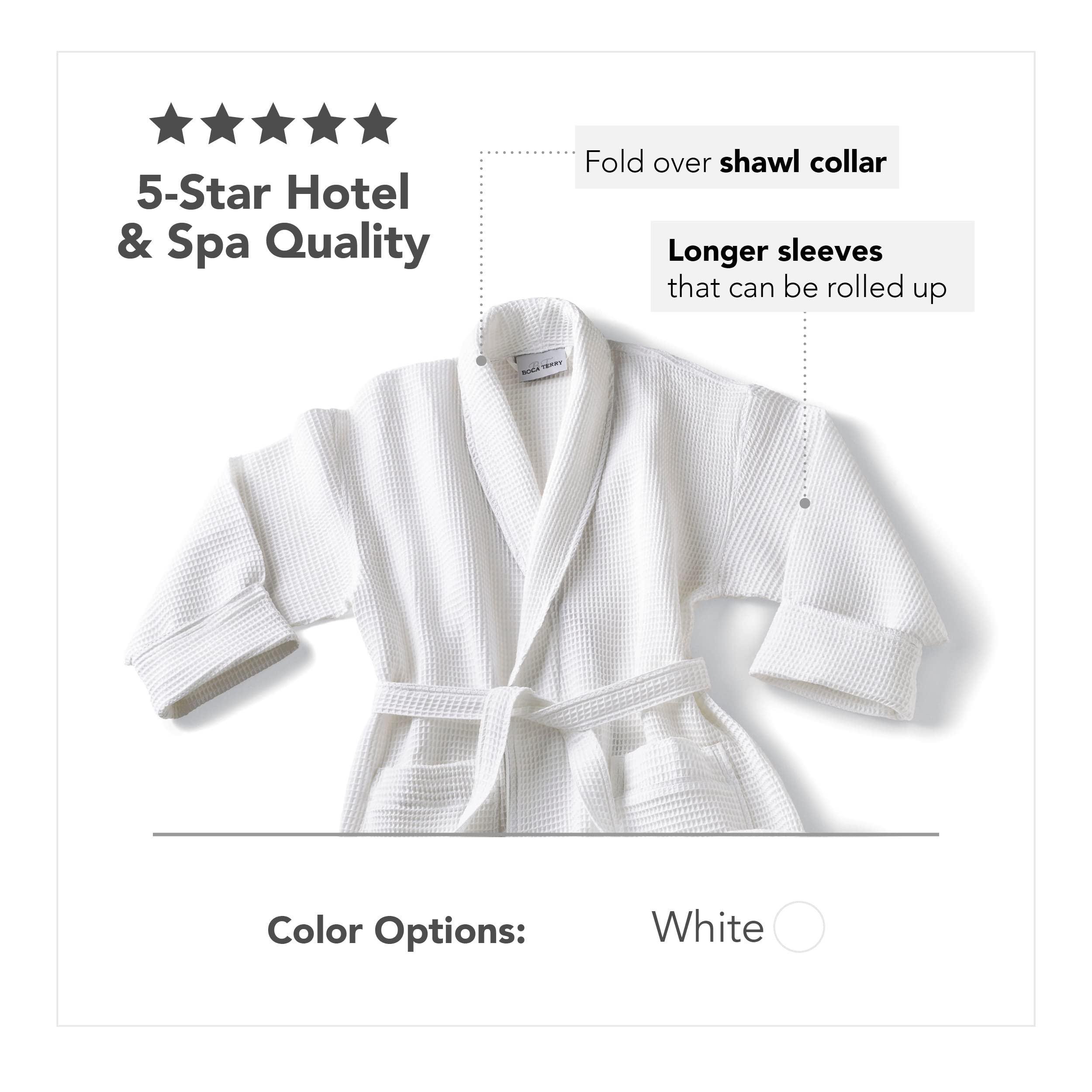 Boca Terry Men's White Waffle Knit Robe - Full Length Lightweight Shawl Collar Bathrobe for Spa, Lounge & Home Relaxation