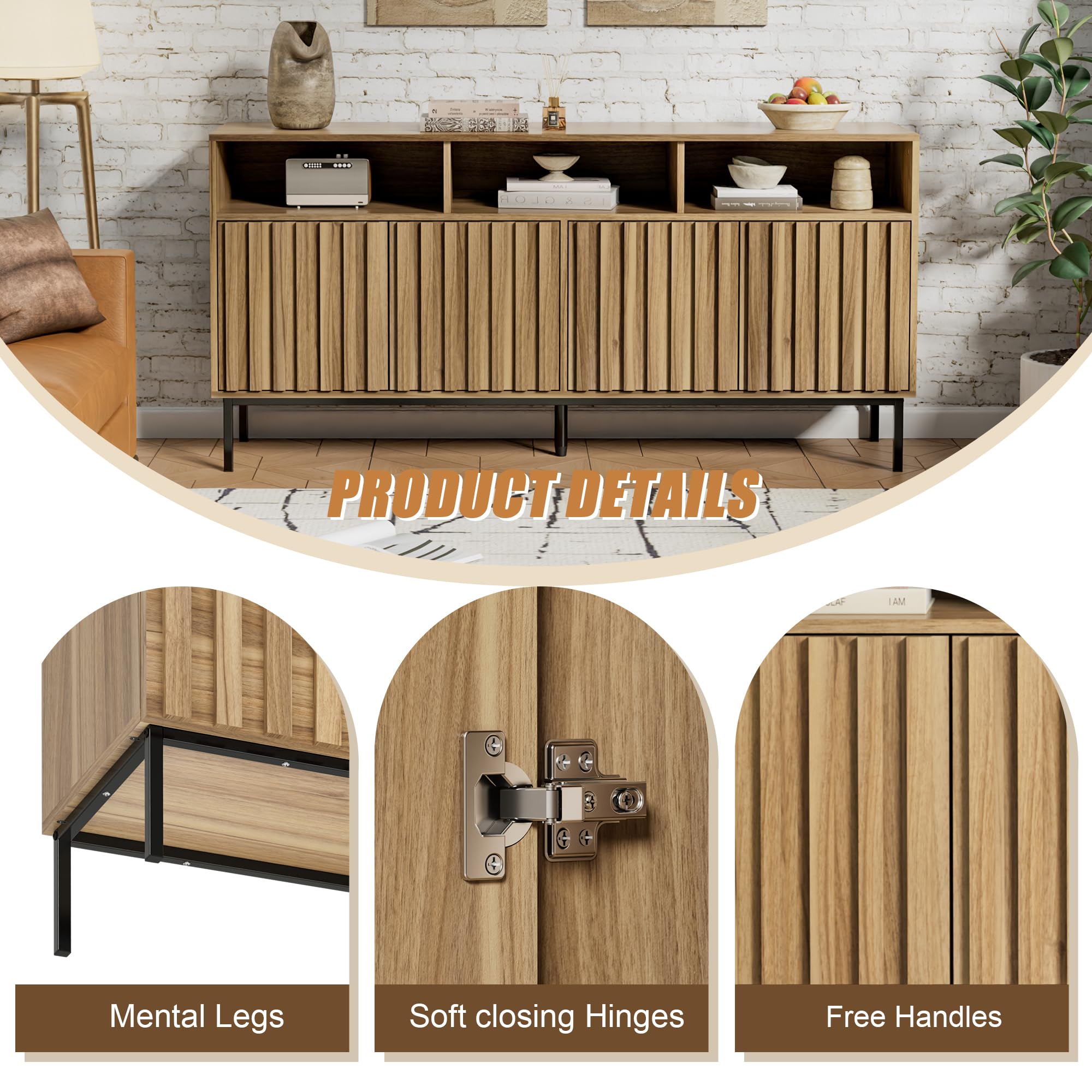 Mid Century Modern Sideboard Buffet Cabinet with Storage - 61.4