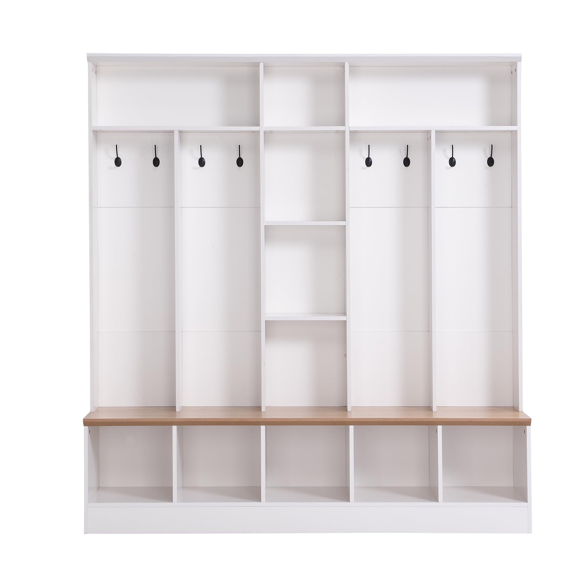 66.9 Inch Wide Entryway Hall Tree with Shelves, 8 Hooks & Storage Bench - White Shoe Cabinet with Coat Rack & Cube Storage for Mudroom Organization - Perfect for Entryway, Hallway & Home Foyer Decor
