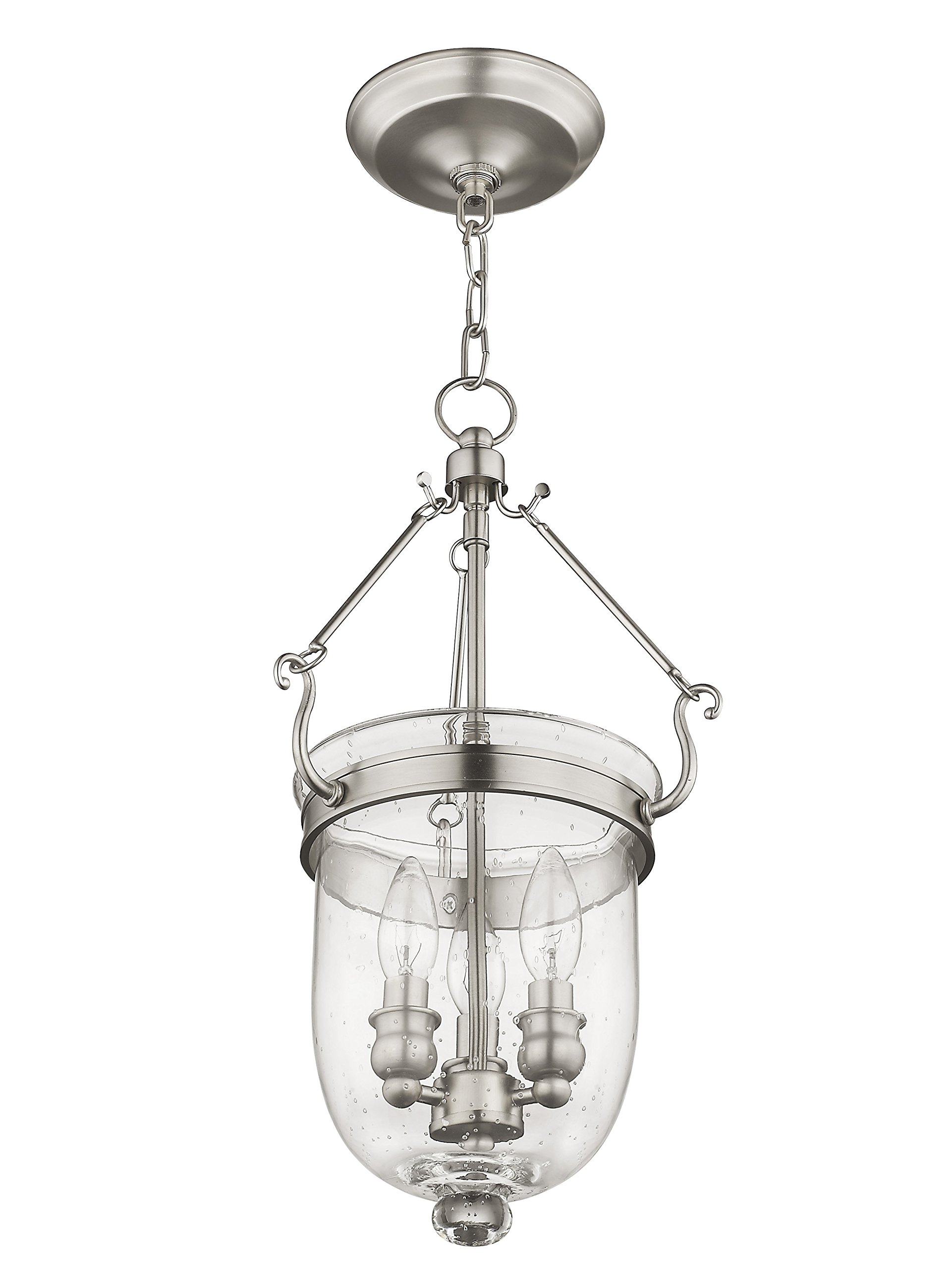 Livex Lighting 5083-91 Jefferson 3-Light Brushed Nickel Hanging Lantern with Seeded Glass Bell Jar - Perfect for Dining Room, Kitchen Island, or Entryway Lighting