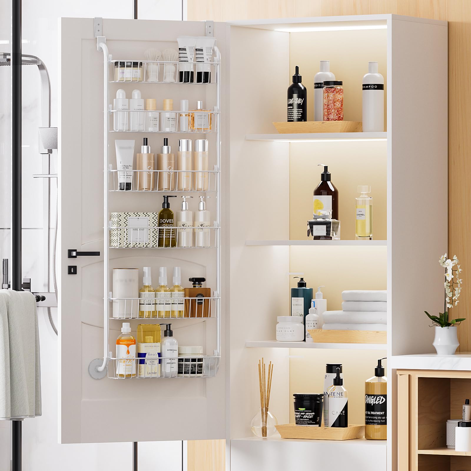 Delamu 6-Tier Over the Door Pantry Organizer - White Metal Cabinet Door Storage & Hanging Spice Rack Shelves (D5 x W18 x H50 inch) - Perfect for Kitchen, Pantry, Bathroom & Closet Organization