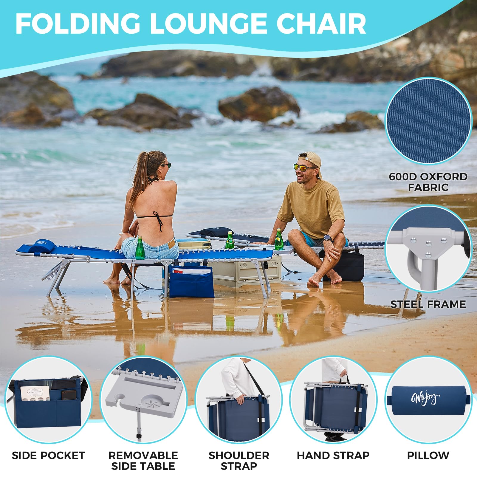 WEJOY 5-Position Adjustable Folding Chaise Lounge Chair with Side Table & Pillow - Heavy Duty Outdoor Recliner for Patio, Beach, Poolside - Includes Side Pocket & Shoulder Strap for Sunbathing, Relaxing, Camping, Backyard Lounging