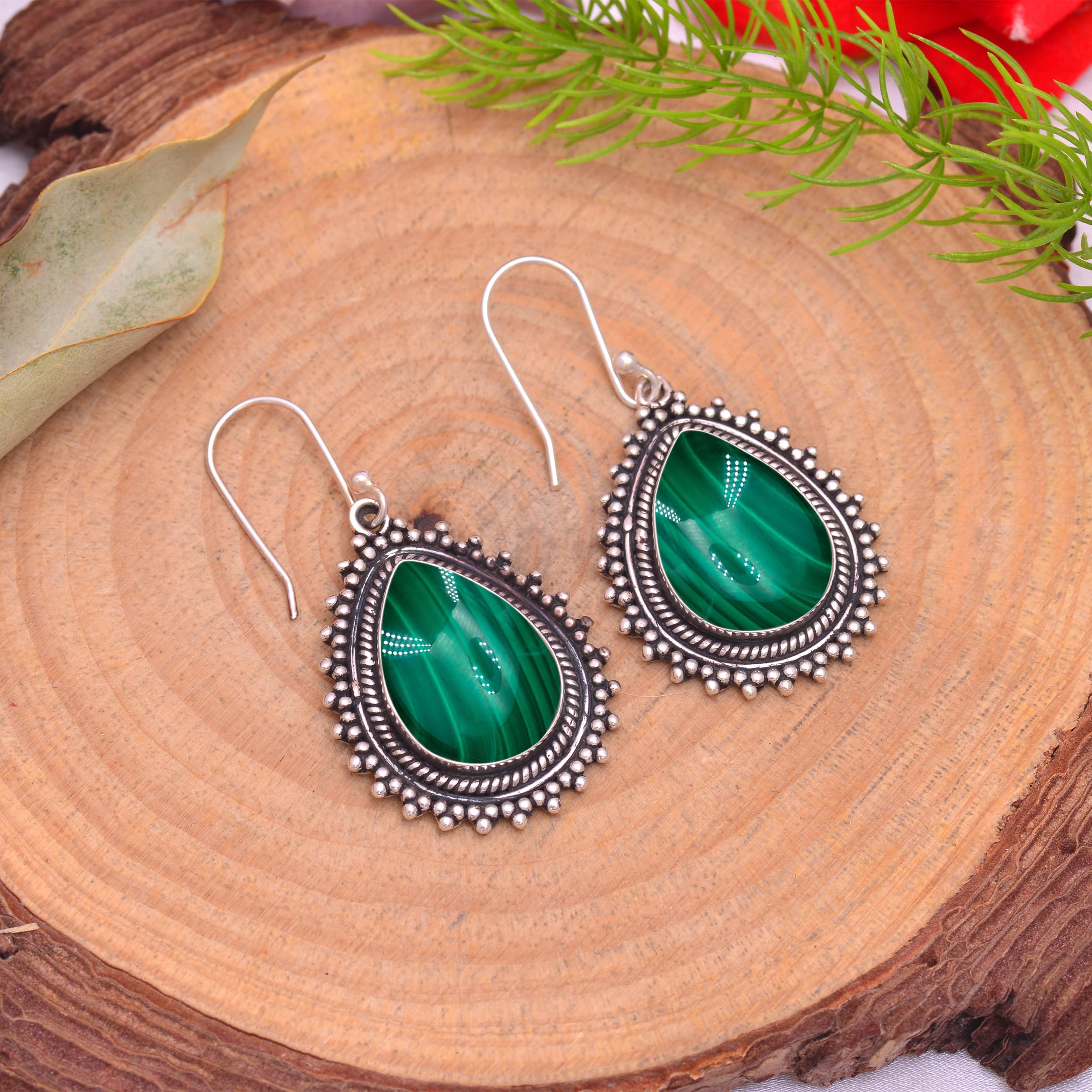 Veracity Jewelry 925 Sterling Silver Malachite Earrings for Women | Handmade Green Gemstone Dangle Earrings | VSE-530 | Perfect for Weddings, Parties & Everyday Wear