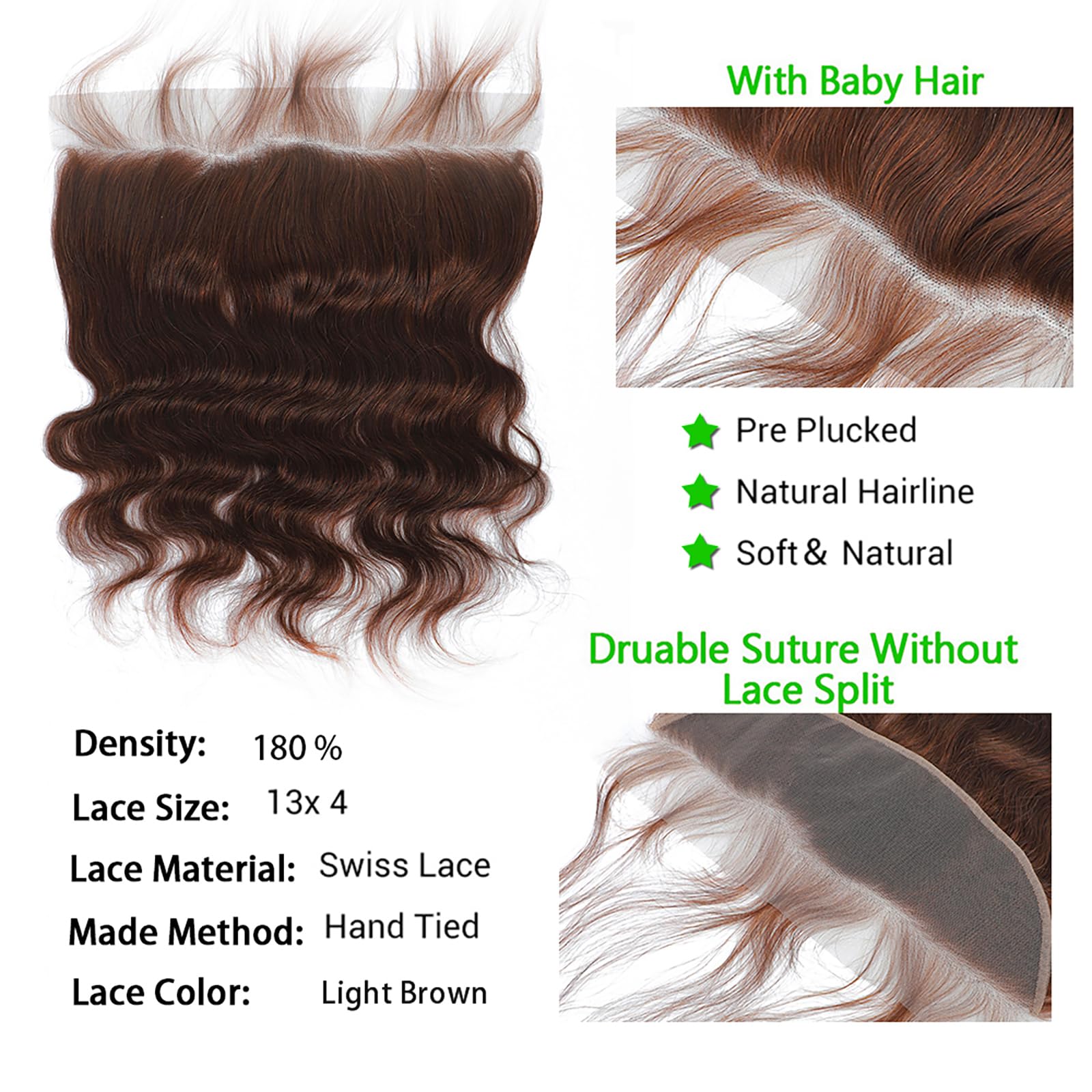 Kapelli 10A Light Brown Brazilian Body Wave Human Hair Bundles with Lace Frontal (22 24 26+20Frontal) - Virgin Hair Lace Closure with Baby Hair for Natural Look - Perfect for Weaves, Wigs & Everyday Styling