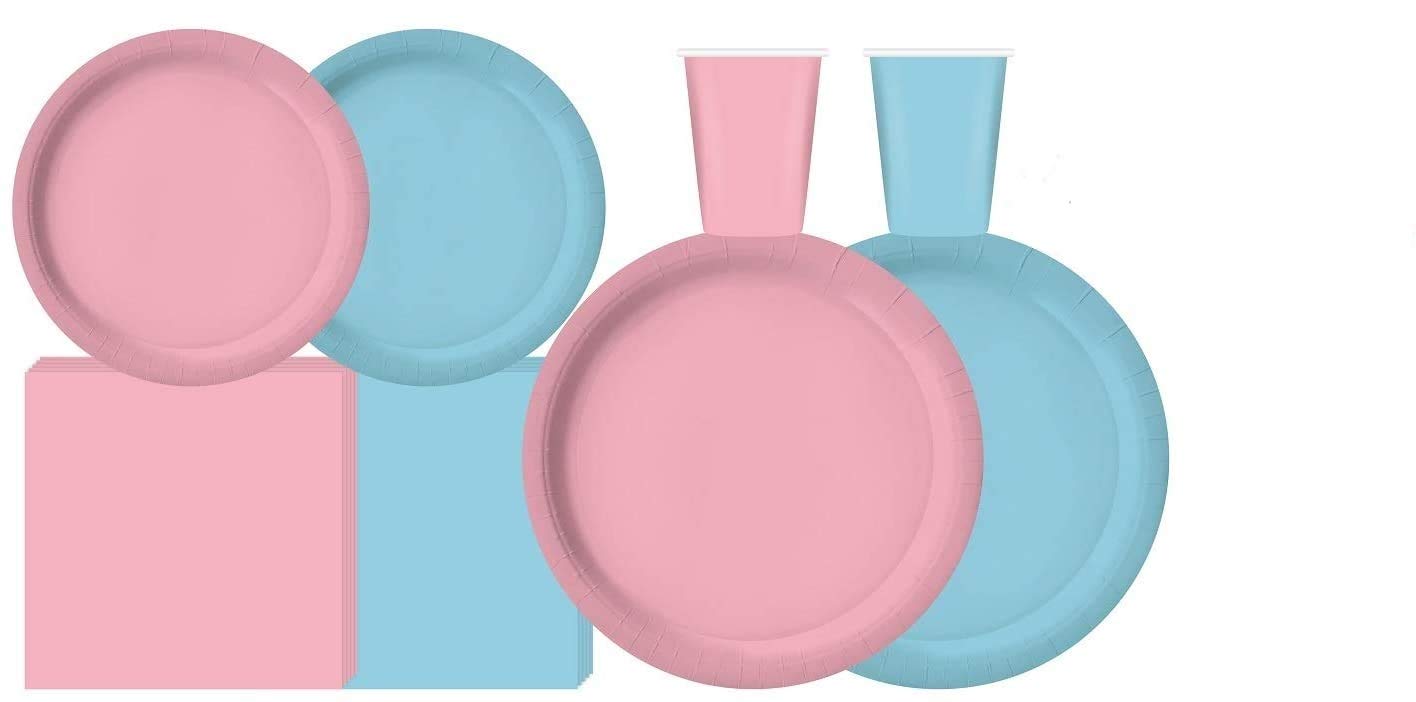 Gender Reveal Party Supplies Set - 50 Count Disposable Dinner Plates, Dessert Plates, Cups & Napkins in Pink & Blue - Perfect for Baby Shower, Birthday Celebrations & Gender Announcement Parties