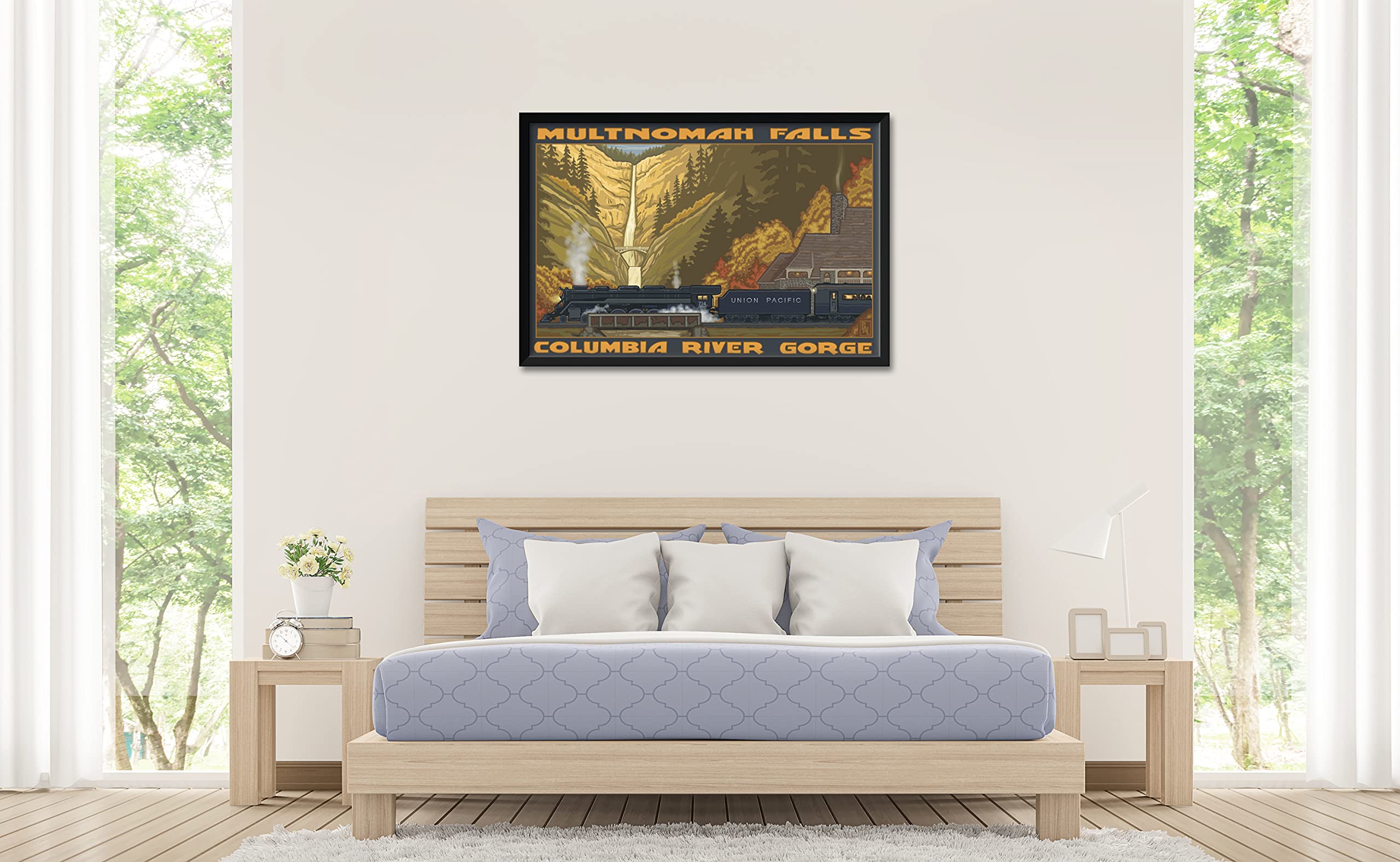 Paul A. Lanquist Framed Art Print - Multnomah Falls Landscape Painting - Professional Horizontal Framing 32x47 Inches - Perfect for Living Room, Office & Home Decor