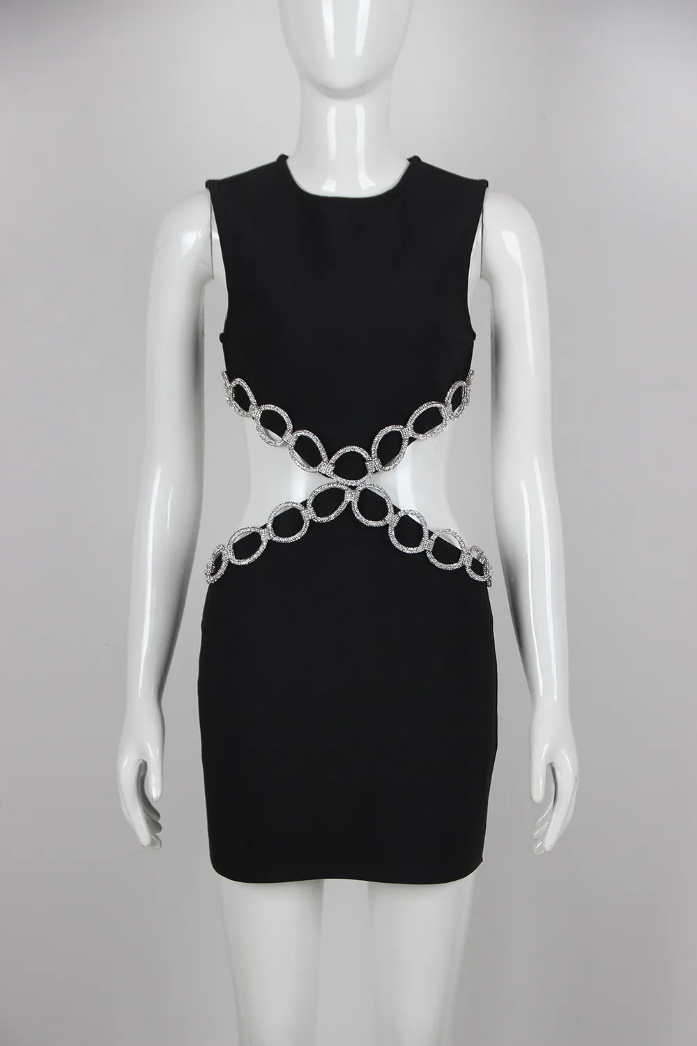 DEIVE TEGER 2023 New Summer Women's Sexy Backless Cut Out Diamond Luxury Black Bodycon Mini Dress - Elegant Evening Club Party Wear for Night Out & Special Occasions