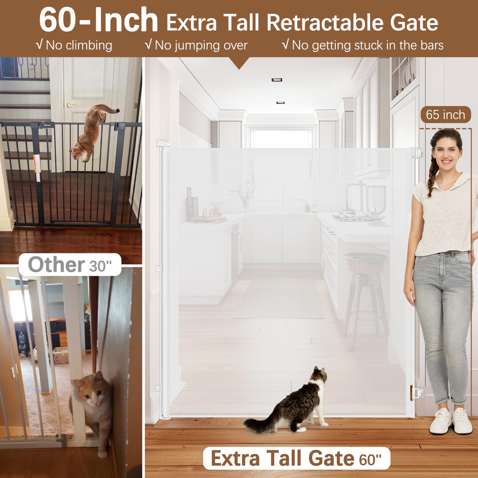 60 Inch Extra Tall Retractable Pet Gate - No Jumping Over, Extends to 55
