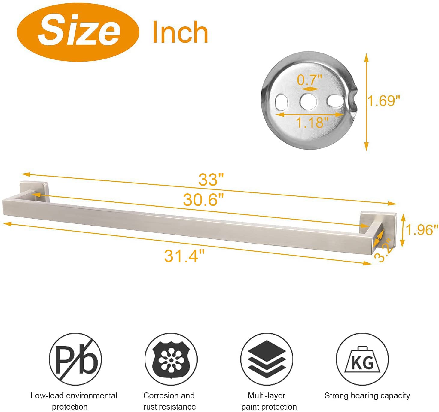 Premium SUS304 Stainless Steel Towel Rack - Heavy Duty Wall Mounted Bathroom Towel Holder with Square Base, Brushed Nickel Finish (33 Inch) - Perfect for Modern Bathrooms, Spas, and Luxury Home Decor