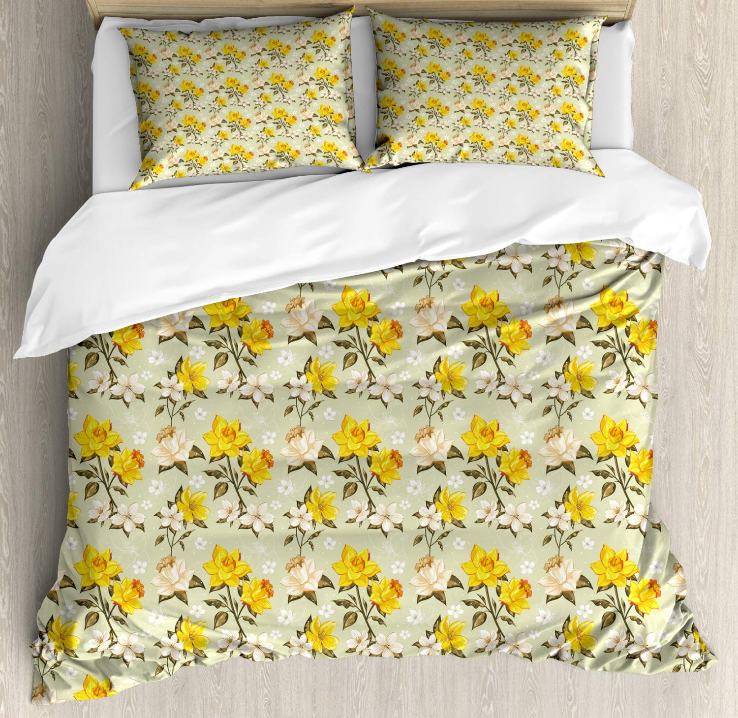 Ambesonne Vintage Duvet Cover Set - Narcissus Blossoms Wildflowers Green Leaves Design, 2-Piece King Size Bedding Set with 4 Pillowcases (Yellow Cream Pale Green) | Classic Floral Bedroom Decor for Master & Guest Rooms