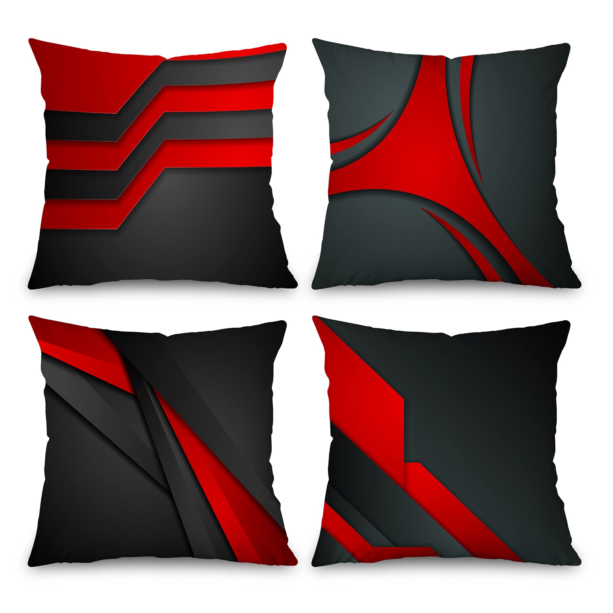 Abstract Modern Geometric Decorative Throw Pillow Covers 18x18 Inch Set of 4 - Red Gray Black Wavy Stripes Aesthetic Soft Polyester Cushion Covers for Sofa, Couch, Bed & Living Room Decor - Home & Office Decorative Accent Pillows