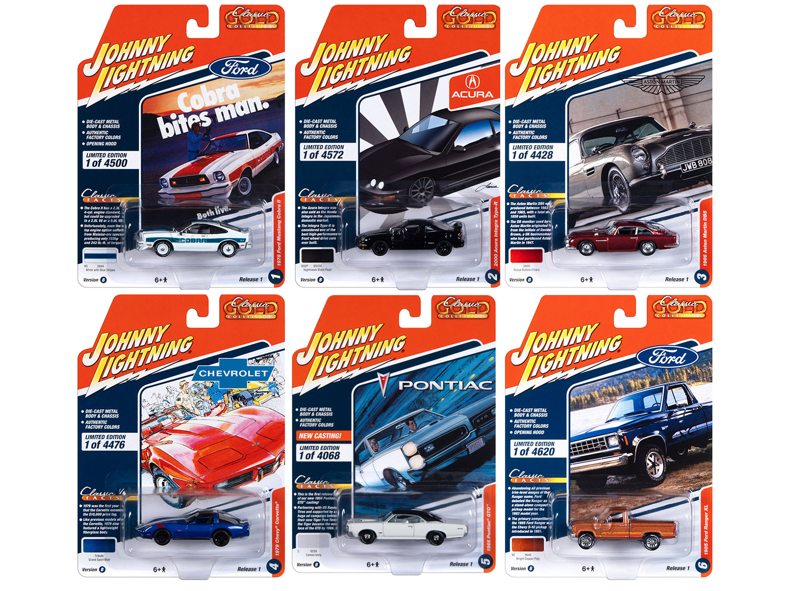 Johnny Lightning 1/64 Scale Diecast Model Cars - Classic Gold Collection 2023 Set B (6-Piece) | Limited Edition Collectible Toy Cars for Display, Racing Games & Gift Giving
