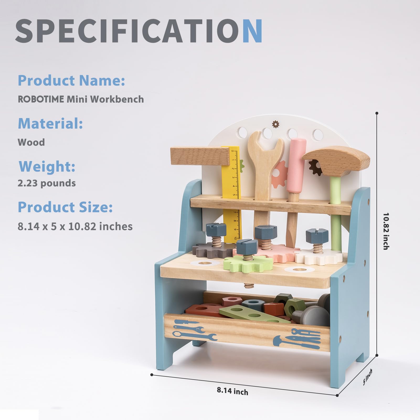 ROBOTIME Wooden Tool Bench Set for Kids - Construction Pretend Play Toys with Wooden Tools, Educational Building Toy Gift for Toddlers Ages 18 Months to 5 Years - Perfect for Role Play, Early Learning & Motor Skill Development
