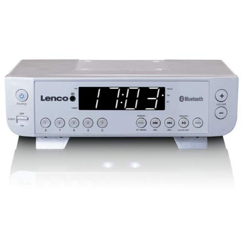 Lenco KCR-100 Bluetooth Kitchen Radio with Built-in FM PLL Receiver, 5 Station Memory, LED Display, 2x1W RMS Speakers, Timer Clock & Remote - White - Perfect for Cooking, Dining & Home Entertainment